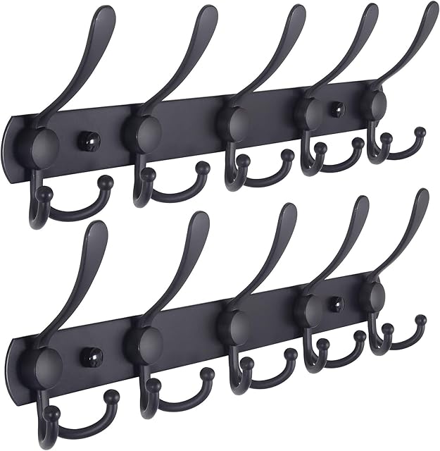 Dseap Coat Rack Wall Mounted - 5 Tri Hooks, Heavy Duty, Stainless Steel, Metal Coat Hook Rail for Coat Hat Towel Purse Robes Mudroom Bathroom Entryway (Black, Pack of 2)