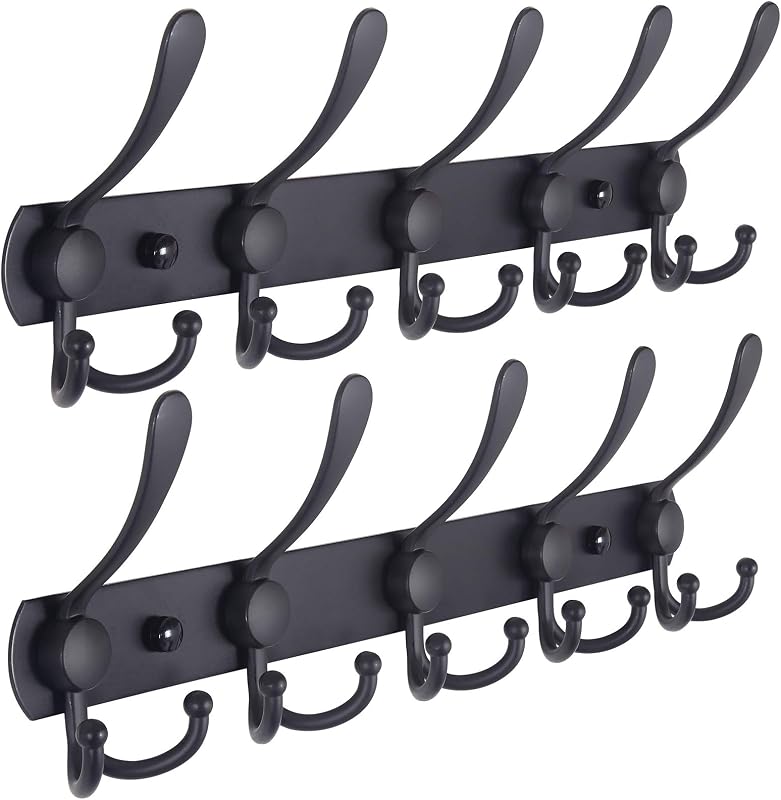 Perchero montado en la pared – 5 ganchos triples, resistente, acero inoxidable, barra de gancho de metal para abrigos, sombreros, toallas, bolsos, batas, vestíbulo, baño, entrada (negro, 2 paquetes)