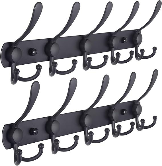 Dseap Coat Rack Wall Mounted – 5 Tri Hooks, Heavy Obligation, Stainless Metal, Steel Coat Hook Rail for Coat Hat Towel Purse Robes Mudroom Rest room Entryway (Black, 2 Packs)