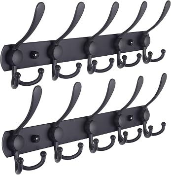 Dseap Coat Rack Wall Mounted - 5 Tri Hooks, Heavy Duty, Stainless Steel, Metal Coat Hook Rail for Coat Hat Towel Purse Robes Mudroom Bathroom Entryway Black, Pack of 2