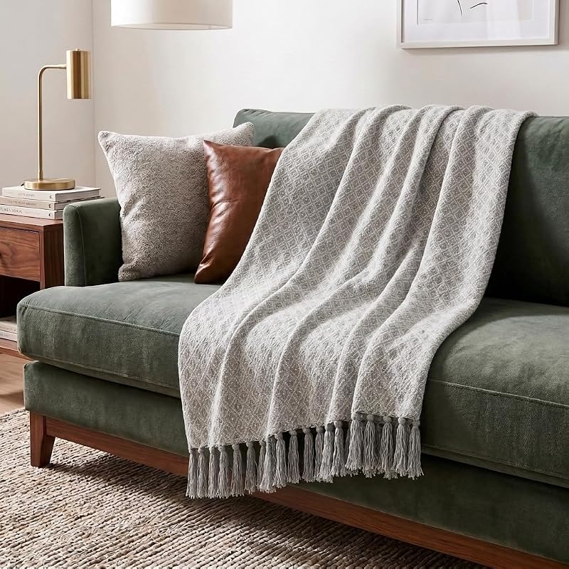 50x60 Throw Blanket - Soft and Breathable Cotton Throw Blanket for Couch, Bed, Chair - Decorative Blankets Perfect for Home, Office, or Outdoor Use - Grey and White Mini Diamond Design