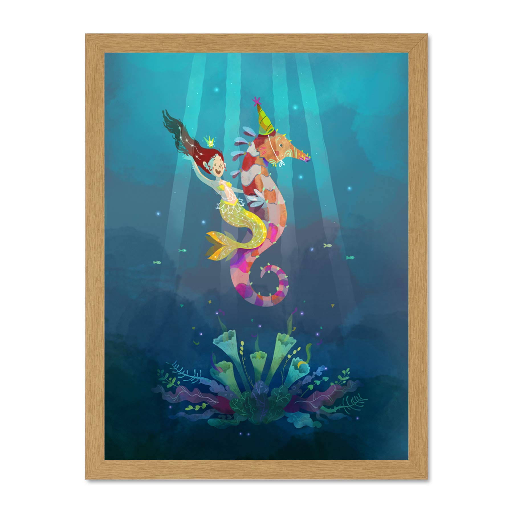 Wee Blue Coo Mermaid Seahorse Yellow Art Large Framed Art Print Poster Wall Decor 18x24 inch