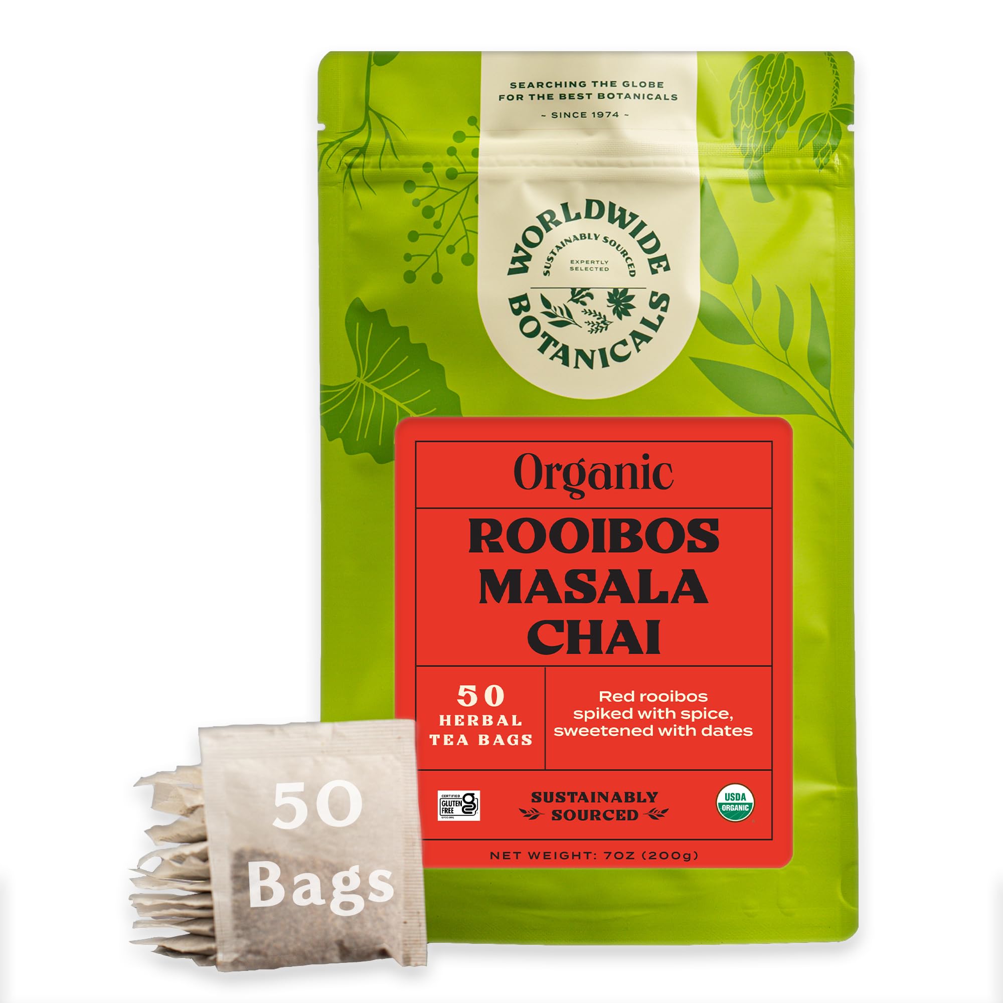 Worldwide BotanicalsRooibos Masala Chai Herbal Tea, 50 Tea Bags - Organic, Caffeine Free, Kosher, 50% More Herbs - 50 Tagless Eco-Friendly Tea-BagsUSDA Organic