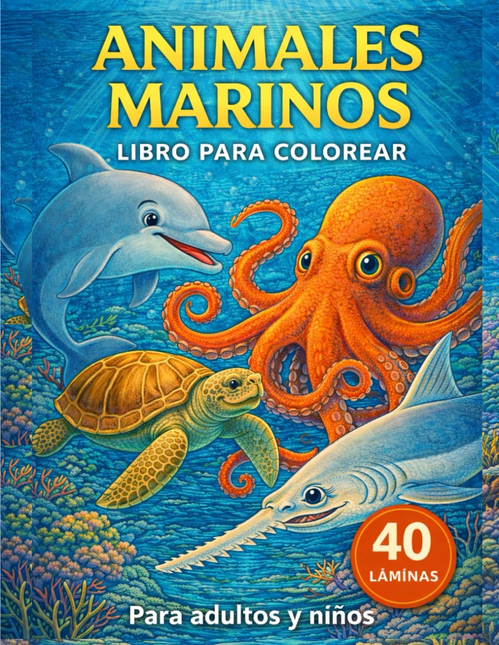 Libro colorear Animales Marinos. 40 Láminas. Lista de reproducción con QR. Relajación y creatividad.: Para niños y adultos