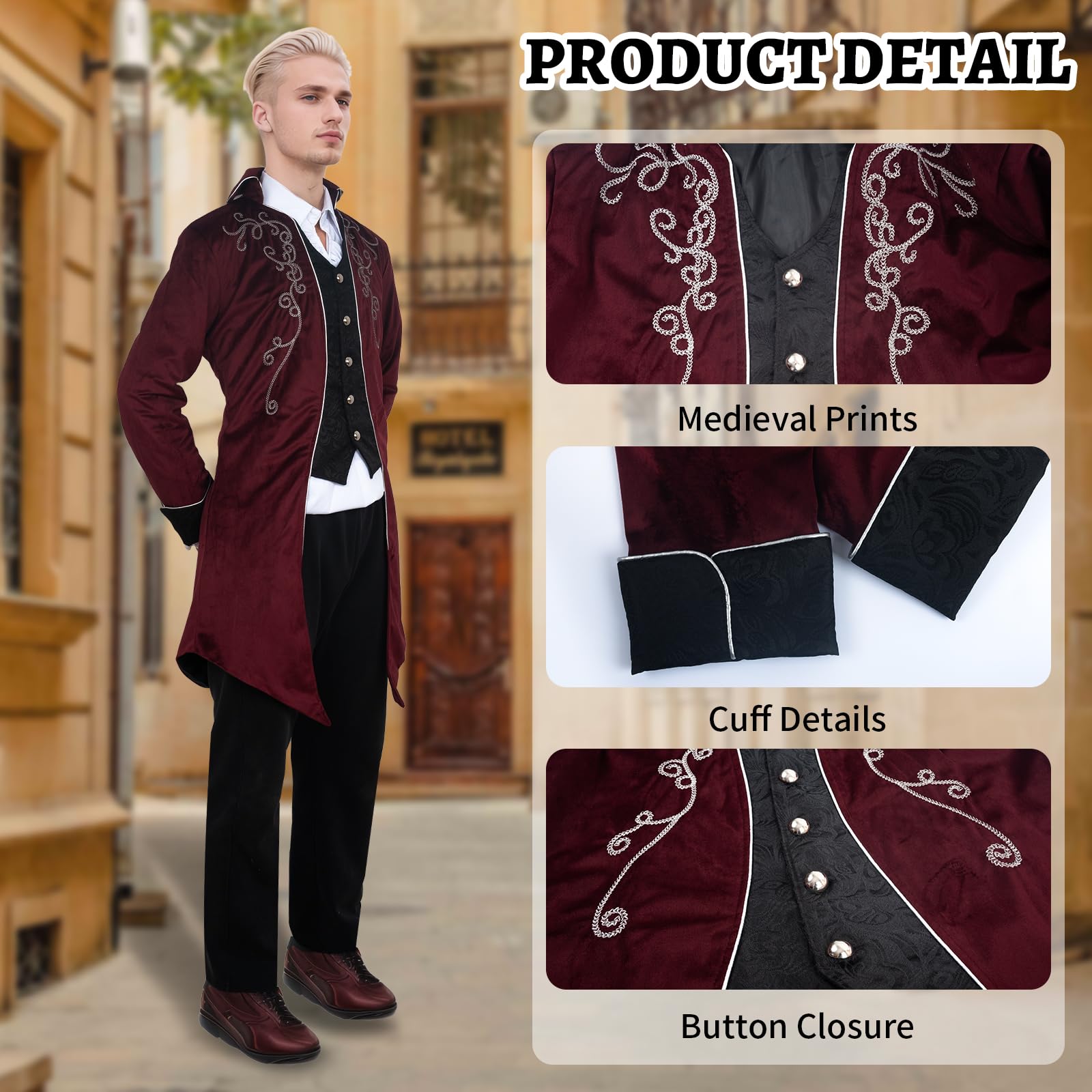 Veste médiévale Steampunk pour homme avec queue-de-morue - Veste médiévale et Renaissance Steampunk - Style rétro gothique et rétro - Costume d'Halloween