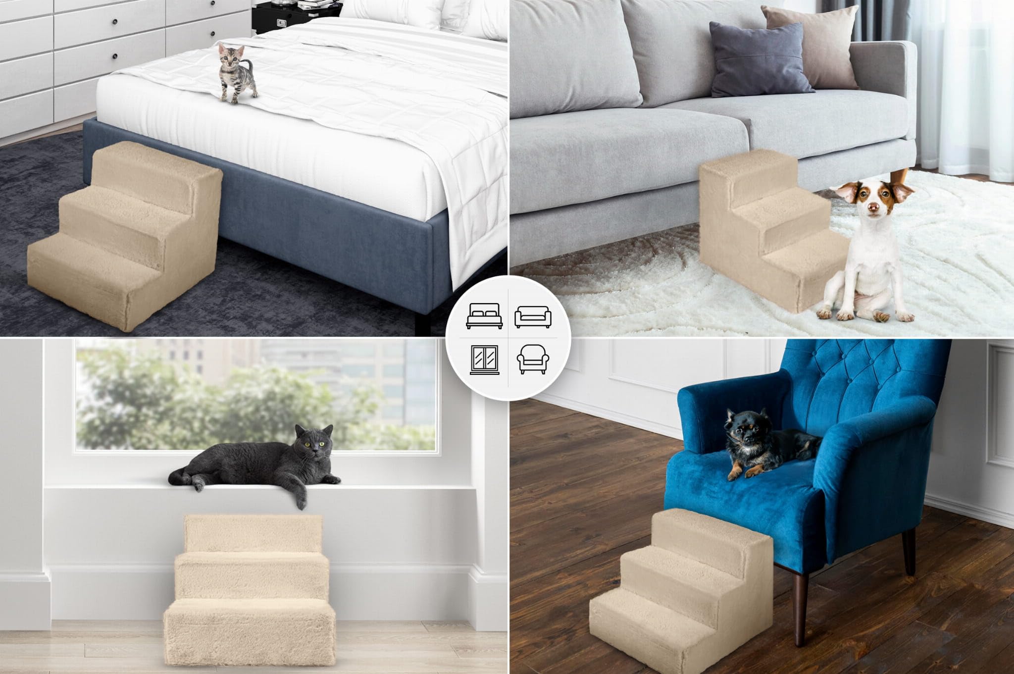 MG Design Scaletta per Cani 3 Gradini in Bianco – telaio in legno stabile, salita delicata per divano e letto, leggera e facile da spostare, per cani e gatti