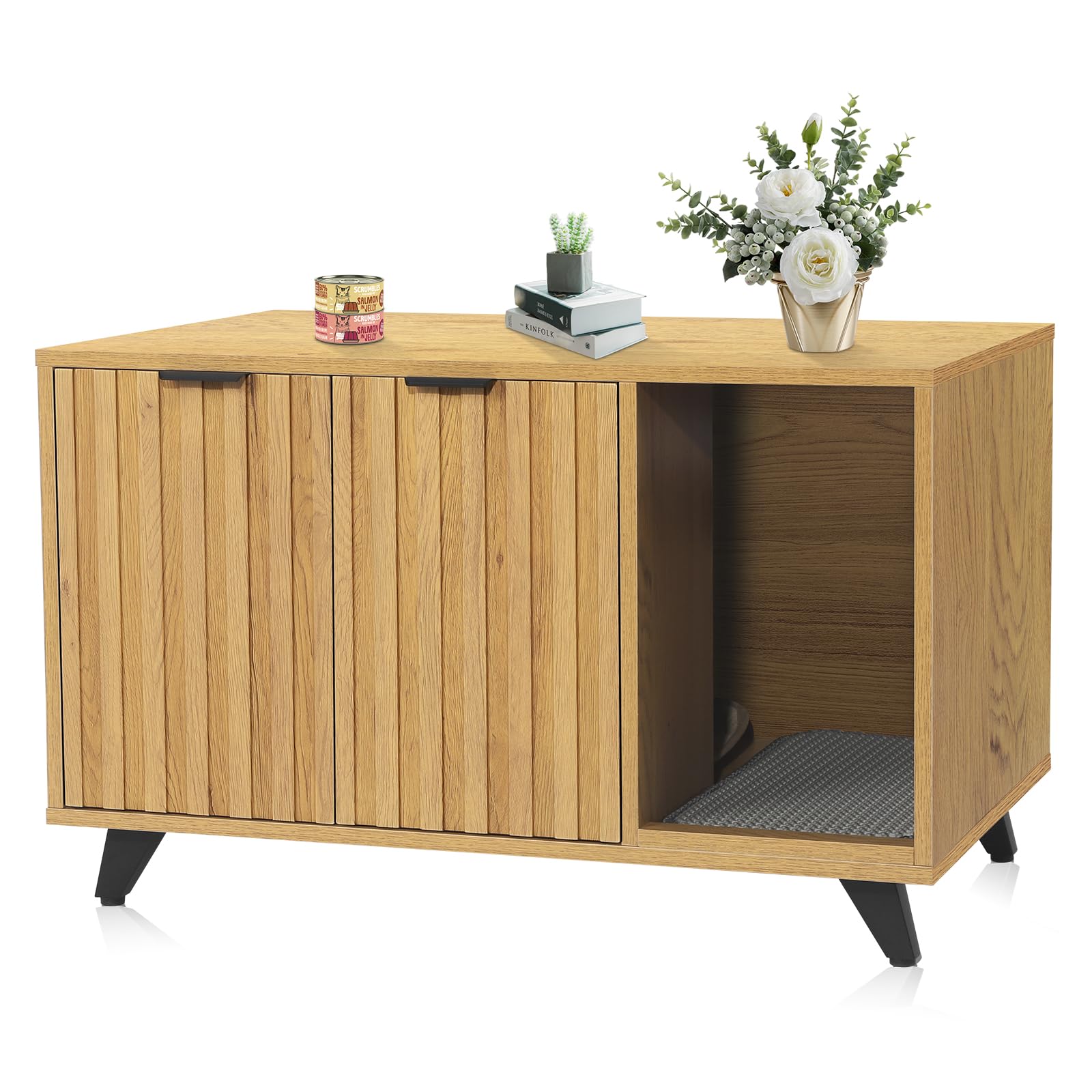QuicMiou Cat Litter Box Enclosure, Modern Cat Litter Box Furniture Hidden, with Scratching Pad, 4 Metal Legs, Cat House, Natural Oak