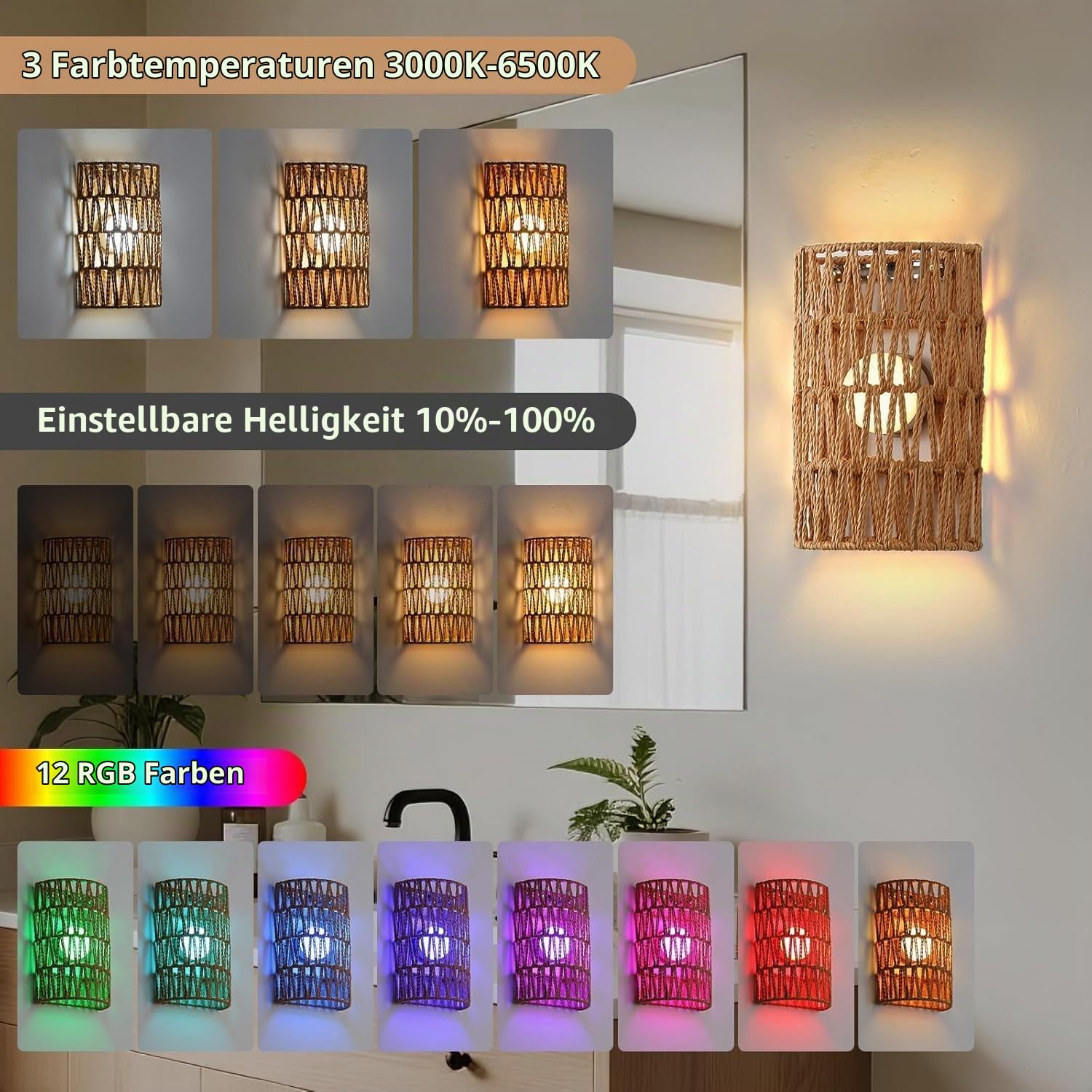 2 Stück Wandleuchte Innen RGB Dimmable Wandlampe mit Fernbedienung Boho Rattan Nachttischlampe Vintage Bambuslaterne Lampe ohne Stromanschluss für Wohnzimmer Schlafzimmer Treppen Flur
