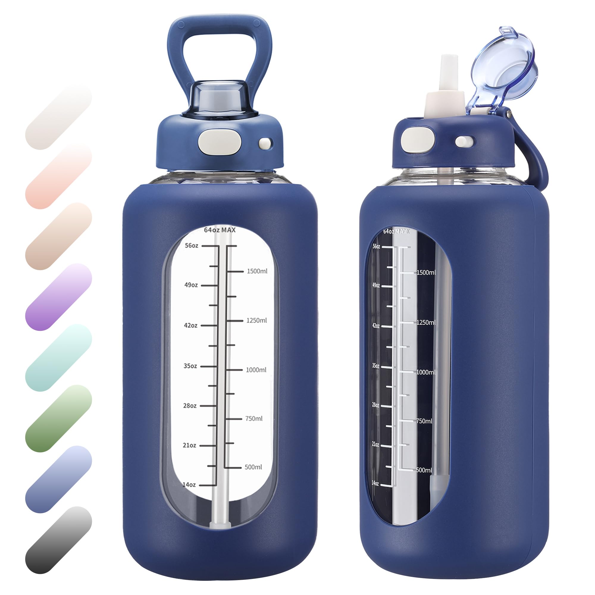 SIEROZUR 64 oz Glass Water Bottle with Straw and Handle Half Gallon Large Water Bottle with Silicone Sleeve and Time Marker Sports Water Jug Wide
