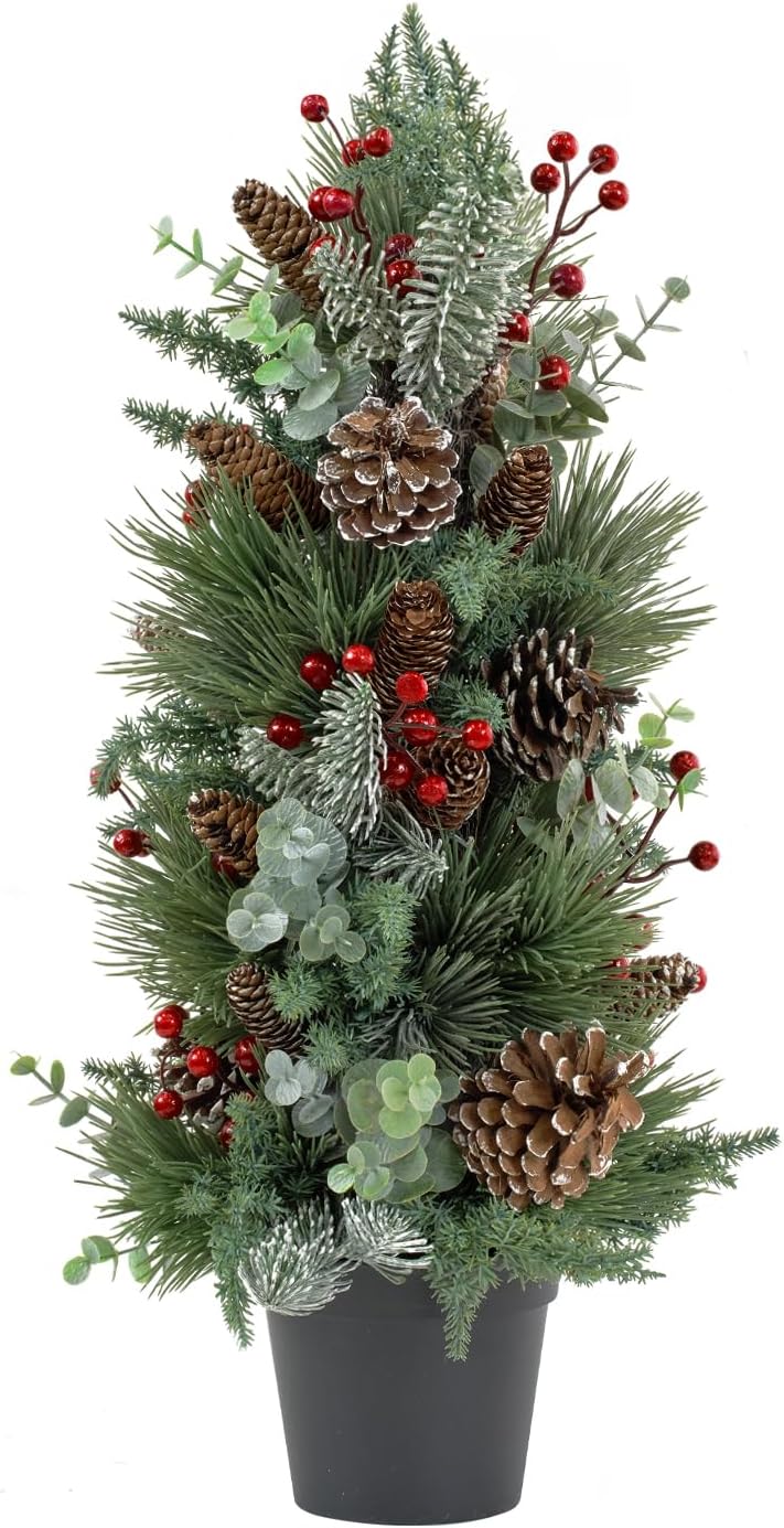 20 Inch Tabletop Christmas Tree, Small Christmas Tree with Pine Needles, Berry and Eucalyptus, Tabletop Small Xmas Tree Perfect Christmas Decoration for Home, Living Room, Table