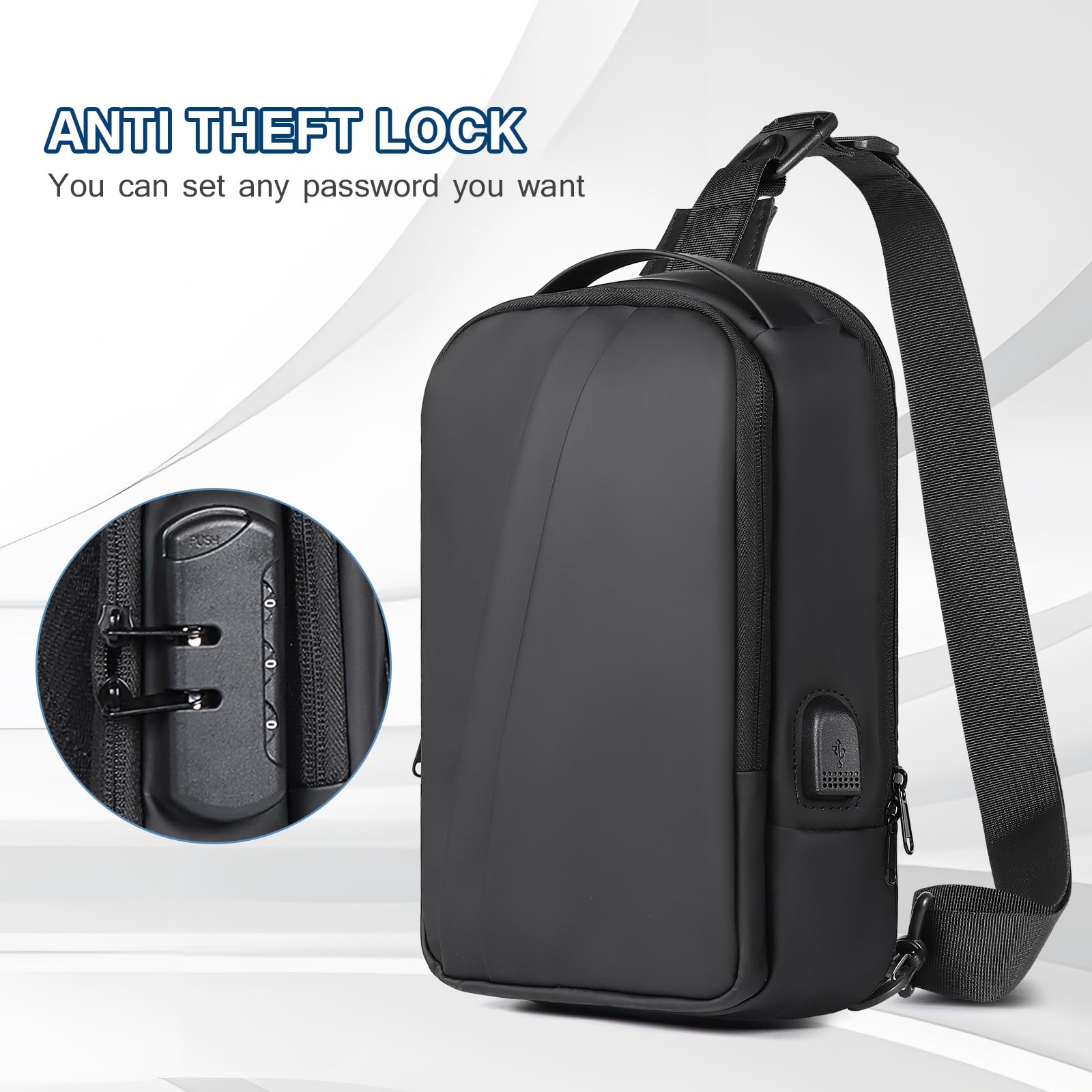 Borsa a tracolla per uomo antifurto borsa a tracolla per le donne zaino con porta di ricarica USB per viaggi, nero