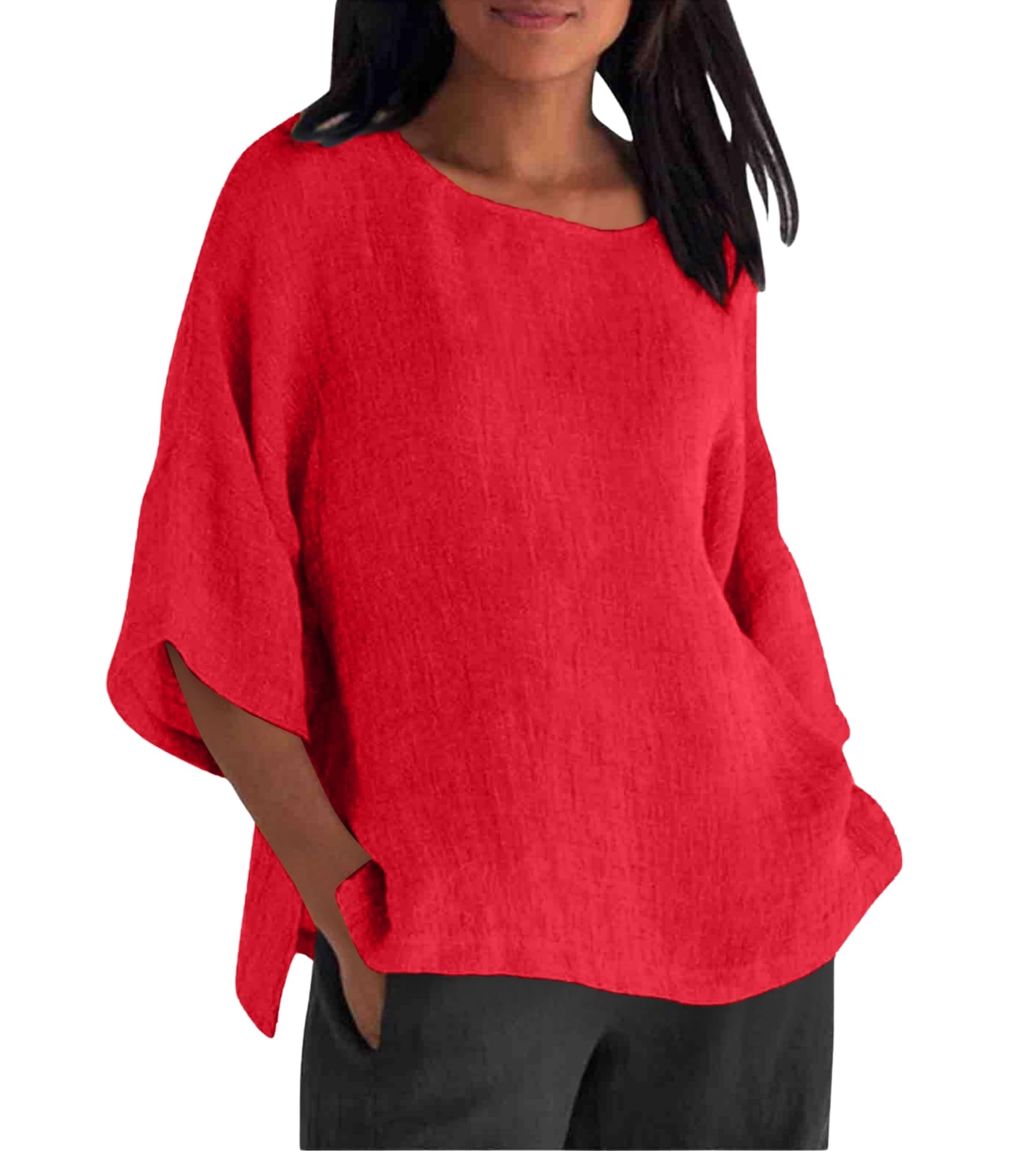 QANSI Women's Spring 3/4 Sleeve Linen Shirts Casual Crewneck Solid Color Tunic Tops Loose Fit Plus Size Vacation Blouses