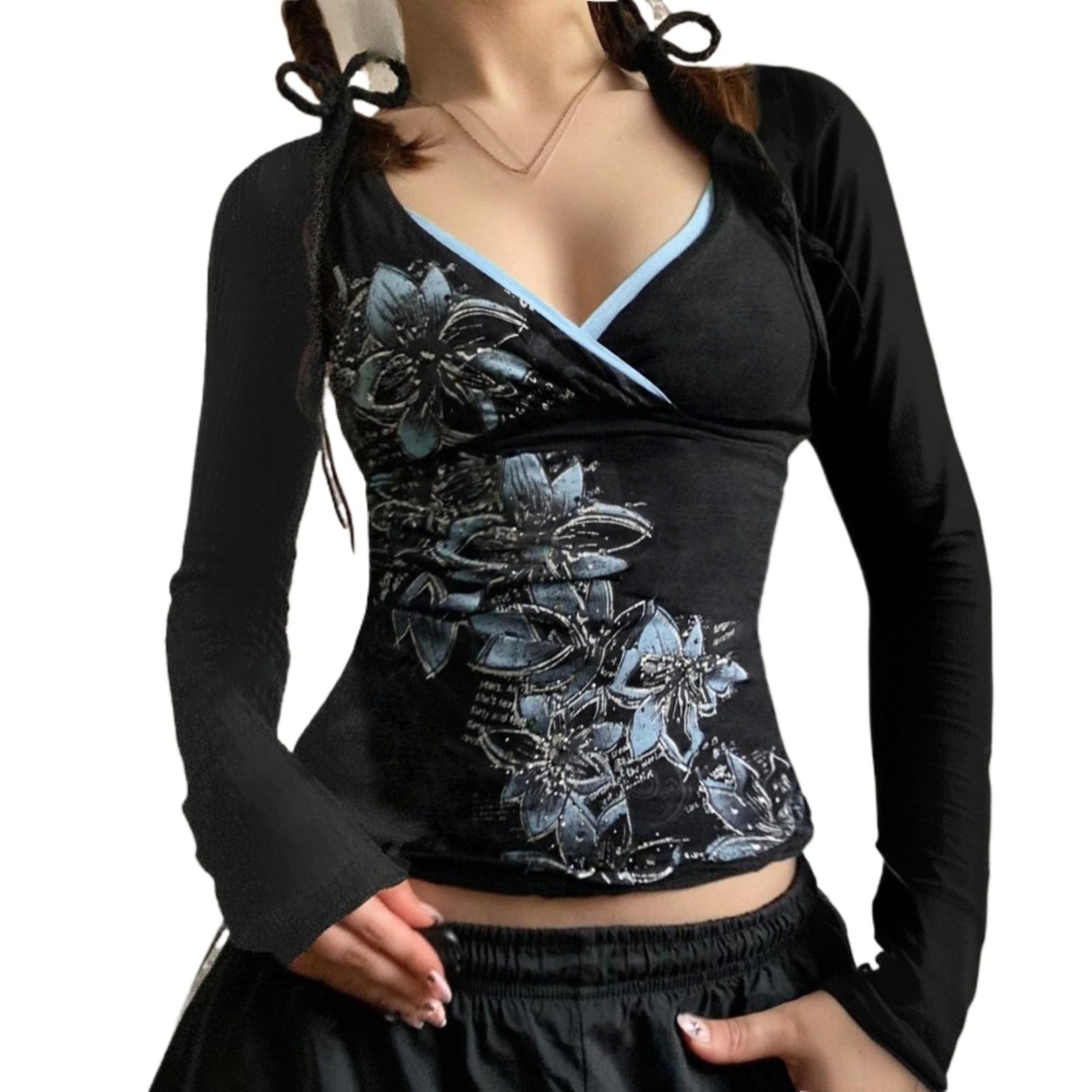 Y2k V Neck Floral Tops Women Fairy Grunge Vintage Long Sleeve Top 2000s Emo Graphic Cute…