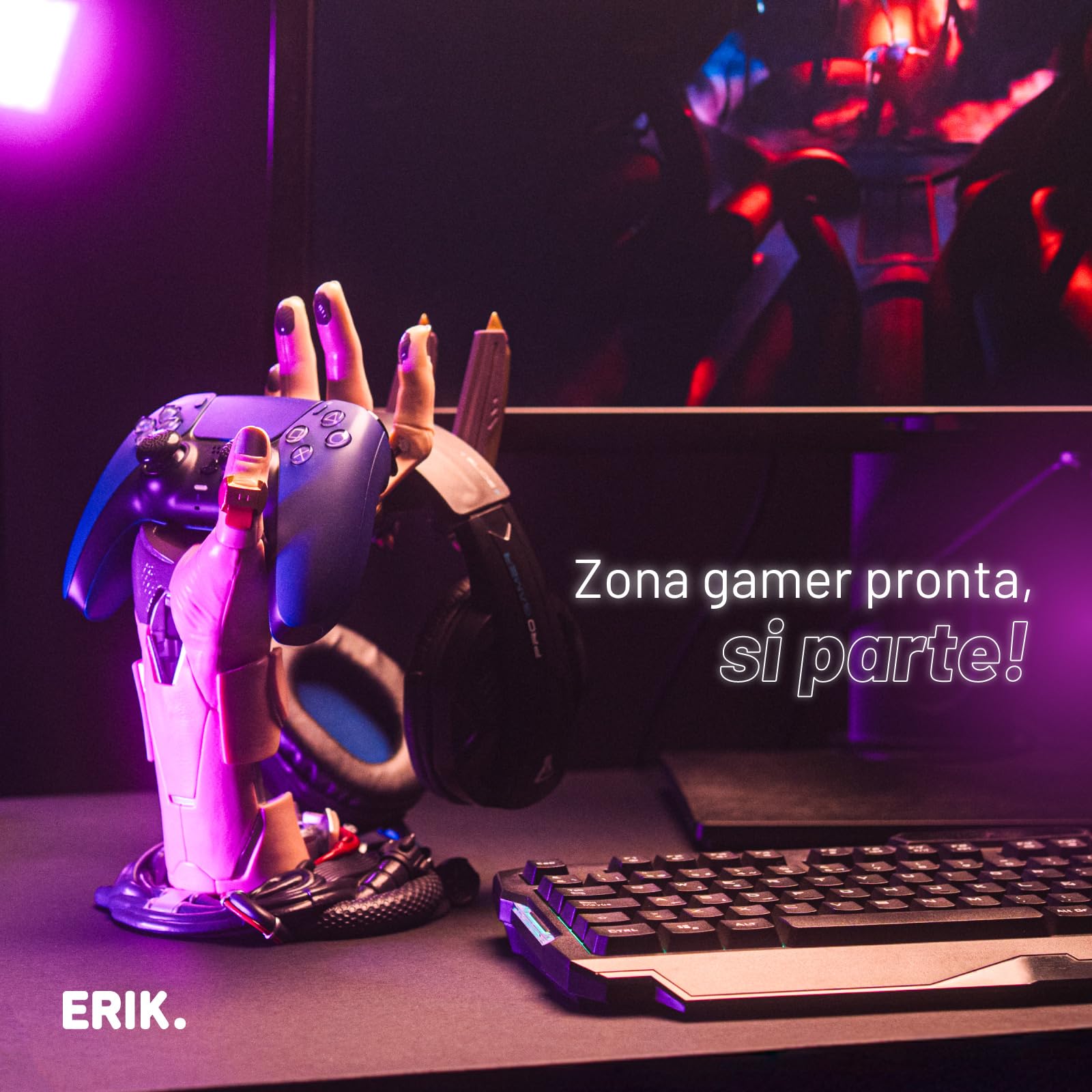 Grupo Erik Porta Cuffie da Scrivania e Porta Joystick PS5 Cyberpunk Supporto Controller PS5, PS4, XBOX Accessori Gaming Room 16x20x27.5 cm