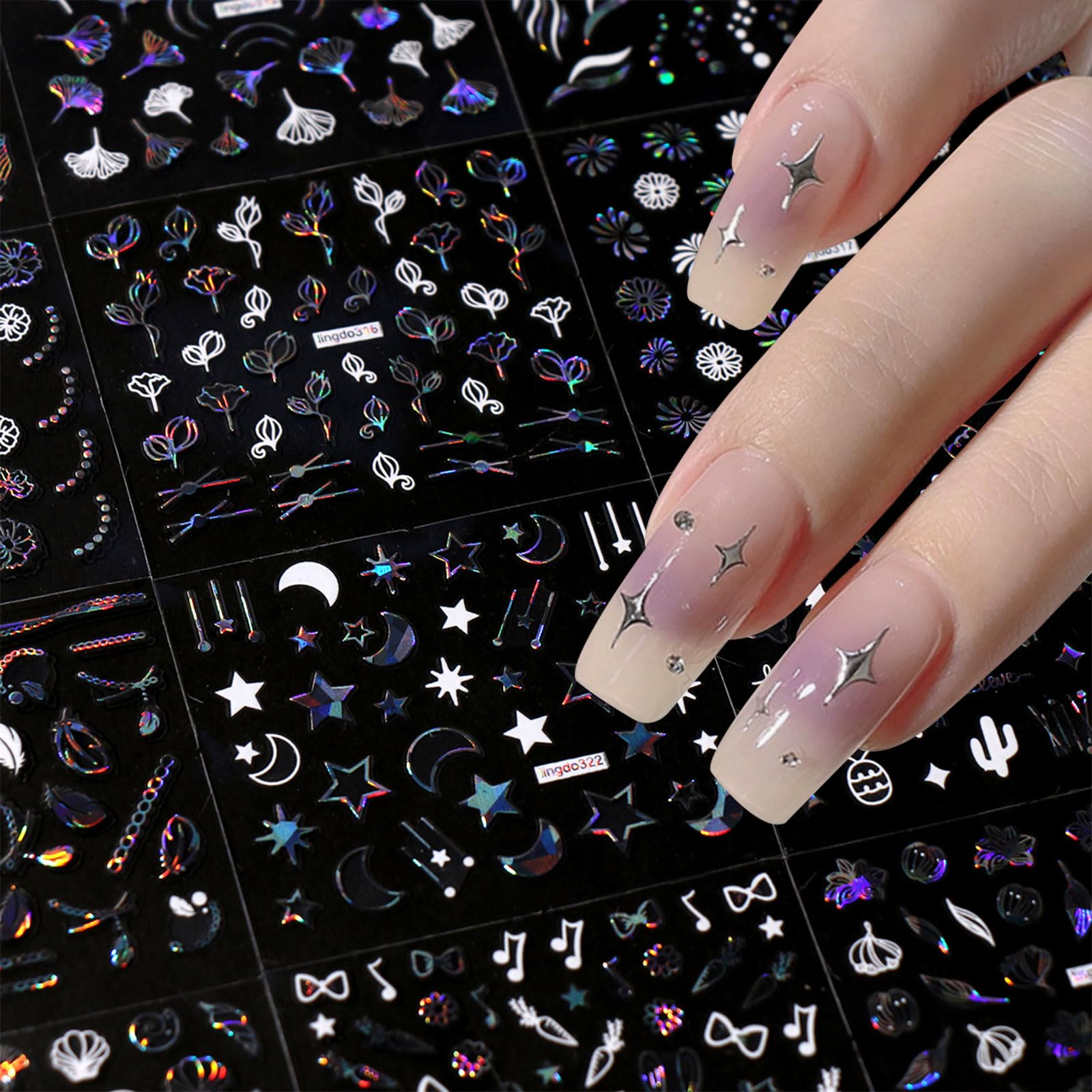 JMEOWIO 30 Sheets Moon Star Aurora Nail Art Stickers Decals