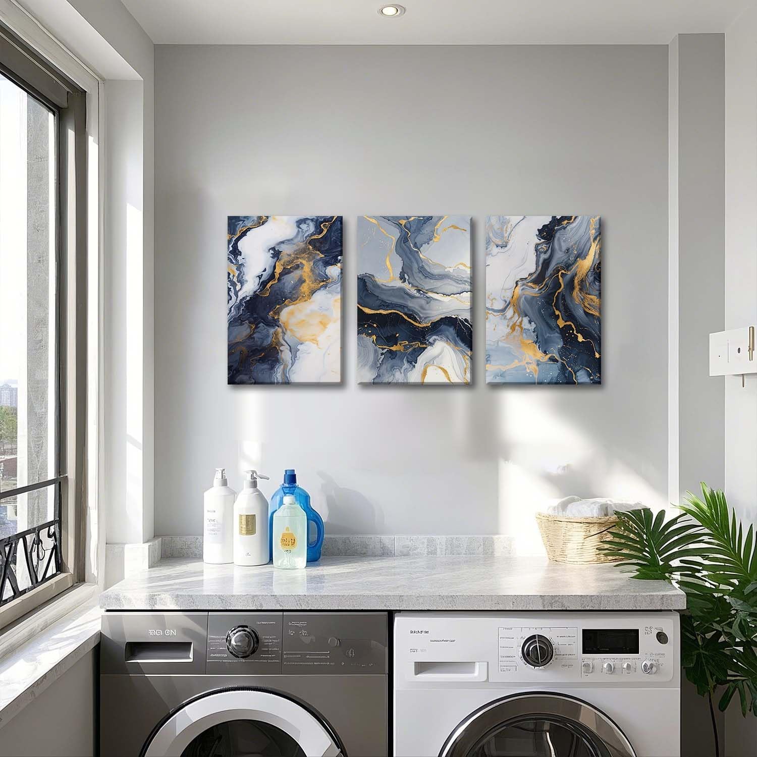 ZQARTZZQ 3 Piece Framed Wall Art Abstract Wall Decor Navy Blue and Gold Pictures Ink Wash Canvas Art Modern Minimalism Paintings Artwork For Living Room Bedroom Bathroom Office16x24in