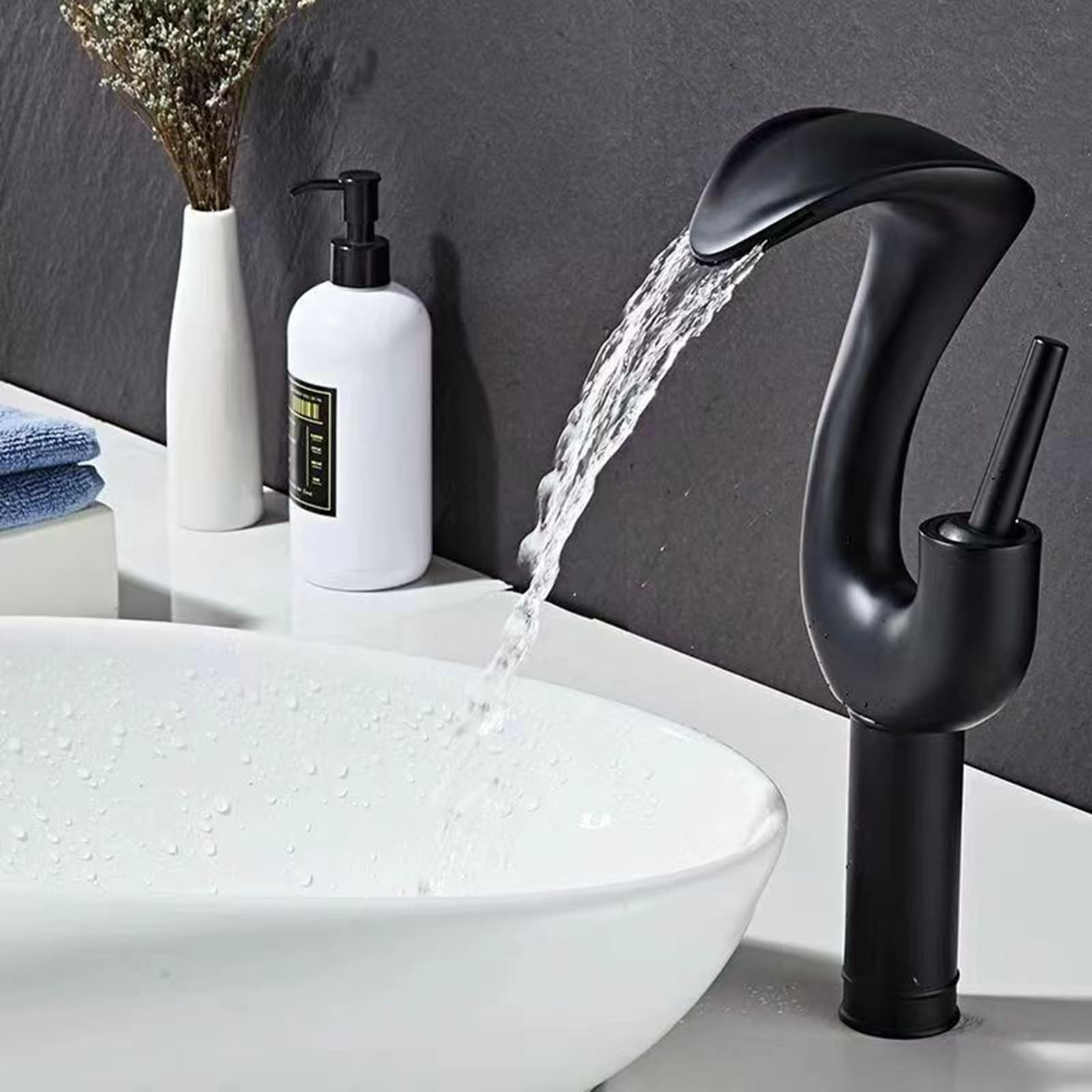 SOHNVWTGD High Rise Basin Mixer Tap Waterfall Bathroom Tap Single Lever Bathroom Sink Taps G1/2,Black