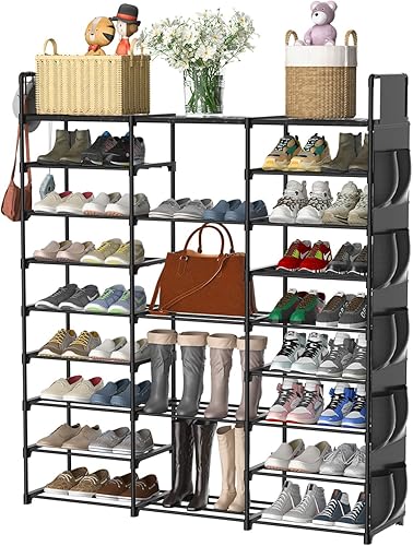 Zapatero de 5 niveles para armario, 28 pares de metal apilable para zapatos, organizador de botas, estante de zapatos con bolsa lateral para