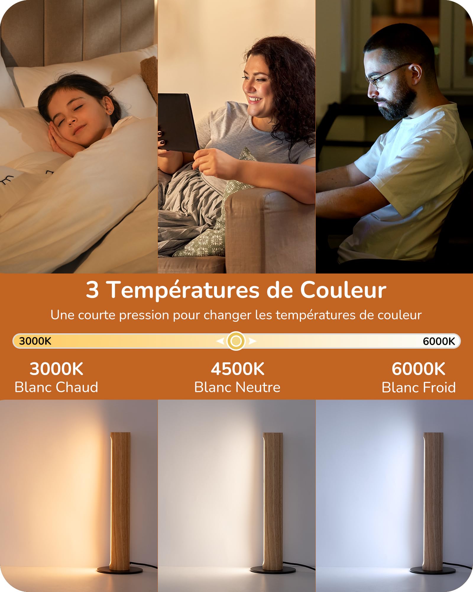 EDISHINE Lampe Chevet Bois, Variateur Tactile, 3 Températures de Couleur | Lampe de Table LED Intégrée avec Pied Métal & Cadre Bois, Fonction Mémoire, 3 Températures de Couleur pour Chambre, Bureau