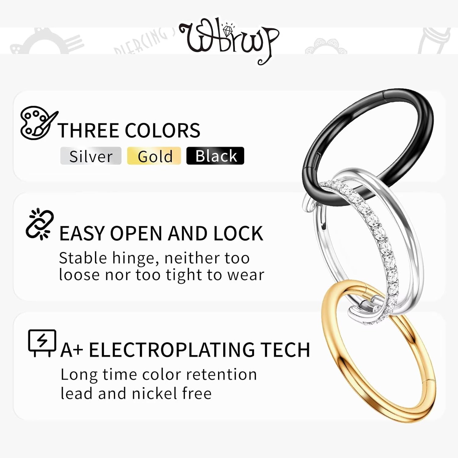 WBRWP G23 Titanium Conch Piercing Jewelry Set: 16G 8mm/10mm/12mm Double/Triple Hoop Nose Septum Rings Hypoallergenic Hinged Segment Clicker Helix Cartilage Conch Earrings - Image 4