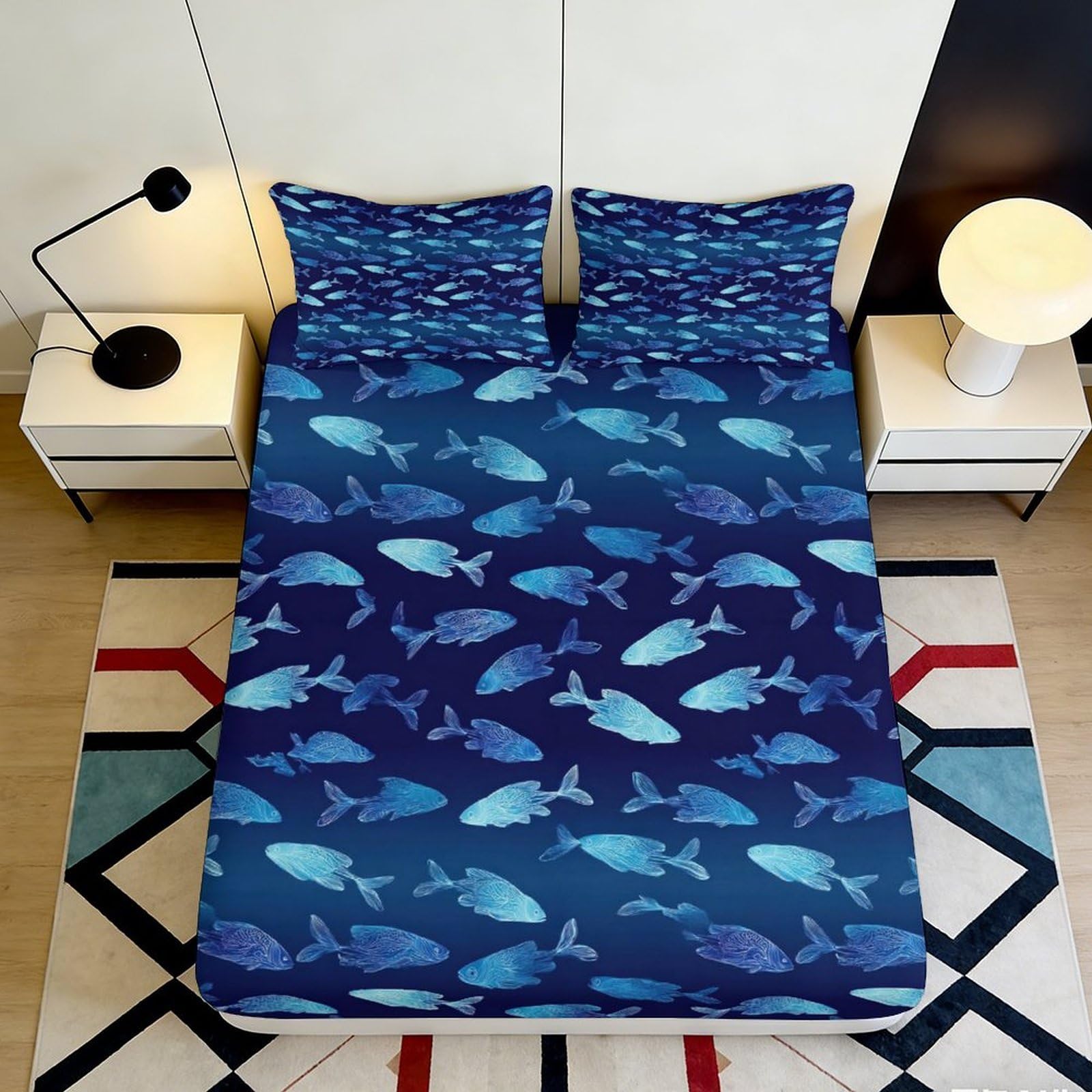 3D Printed Ocean Blue Fitted Sheet Microfiber Soft Whale Fish Bed Sheet for Bedroom Dorm Mattress Protection Decor 90x200x25cm