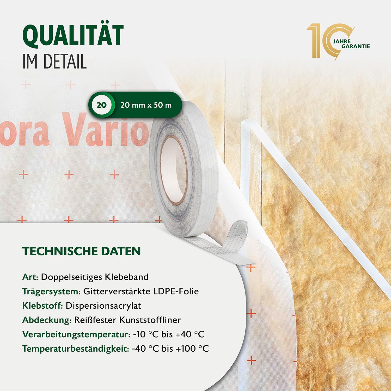 ALMO 4x doppelseitiges Montageklebeband 20mm x 50m Montageband für Dampfbremsen & Dampfsperren, starke Klebkraft mit reißfester Folie, ersetzt Tackern, einfache und sichere luftdichte Montage