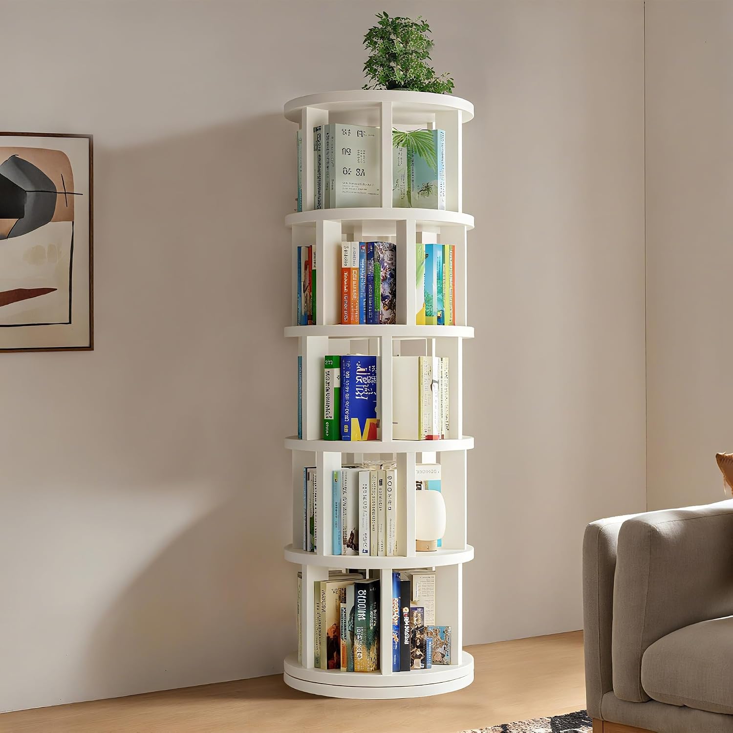 Rotating Bookshelf Tower, Wooden, 5 Tier Vertical Rotate Turning Spiral Corner Organizer, 360° Rotating Book Tower, Ideal for Small Spaces, Living Rooms, Bedrooms (White, 5 Tier)
