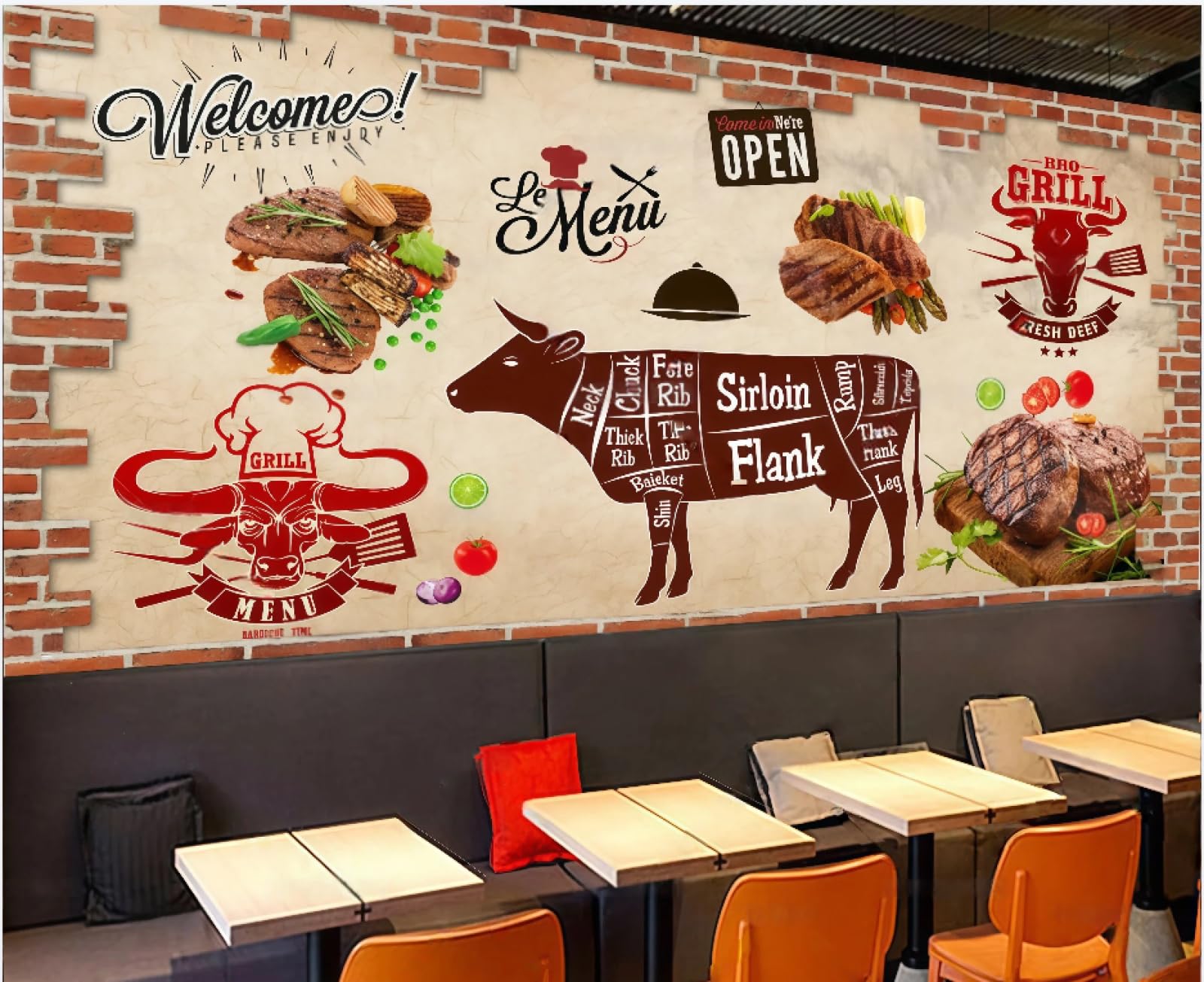 XDOUBAO Wallpaper Retro Nostalgic Brick Wall Delicious Steak Restaurant Dessert Drink Afternoon Tea Western Restaurant Background Wall Wallpaper Coffee Shop Mural,3D,200x140cm