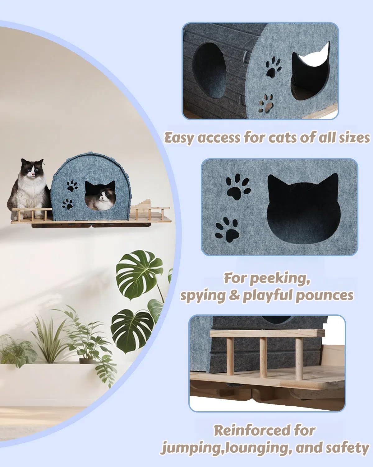 Wall Mounted Cat Shelf Bed – Large Felt Cat Furniture with Dual Entrances & Solid Wood Base, Floating Perch for Indoor Cats, Wall Shelves & Modern Furniture,Gray