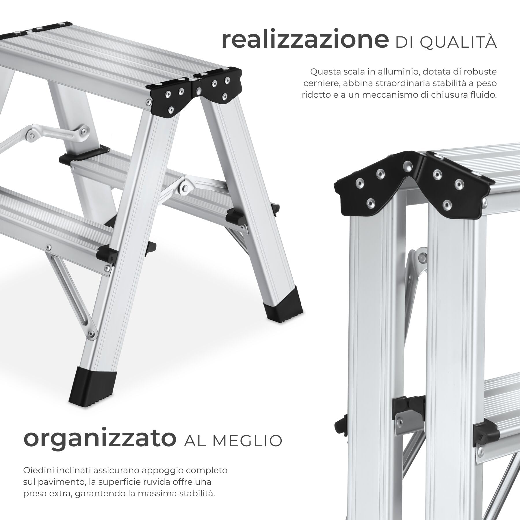 tectake® Scaletta Pieghevole in Alluminio Doppia, Scala 3 Gradini Antiscivolo, Scaletta Multiuso Salvaspazio con Doppia Salita, Scala per Casa Leggera, Piedini in Gomma, Antiscivolo, Portata 150 kg