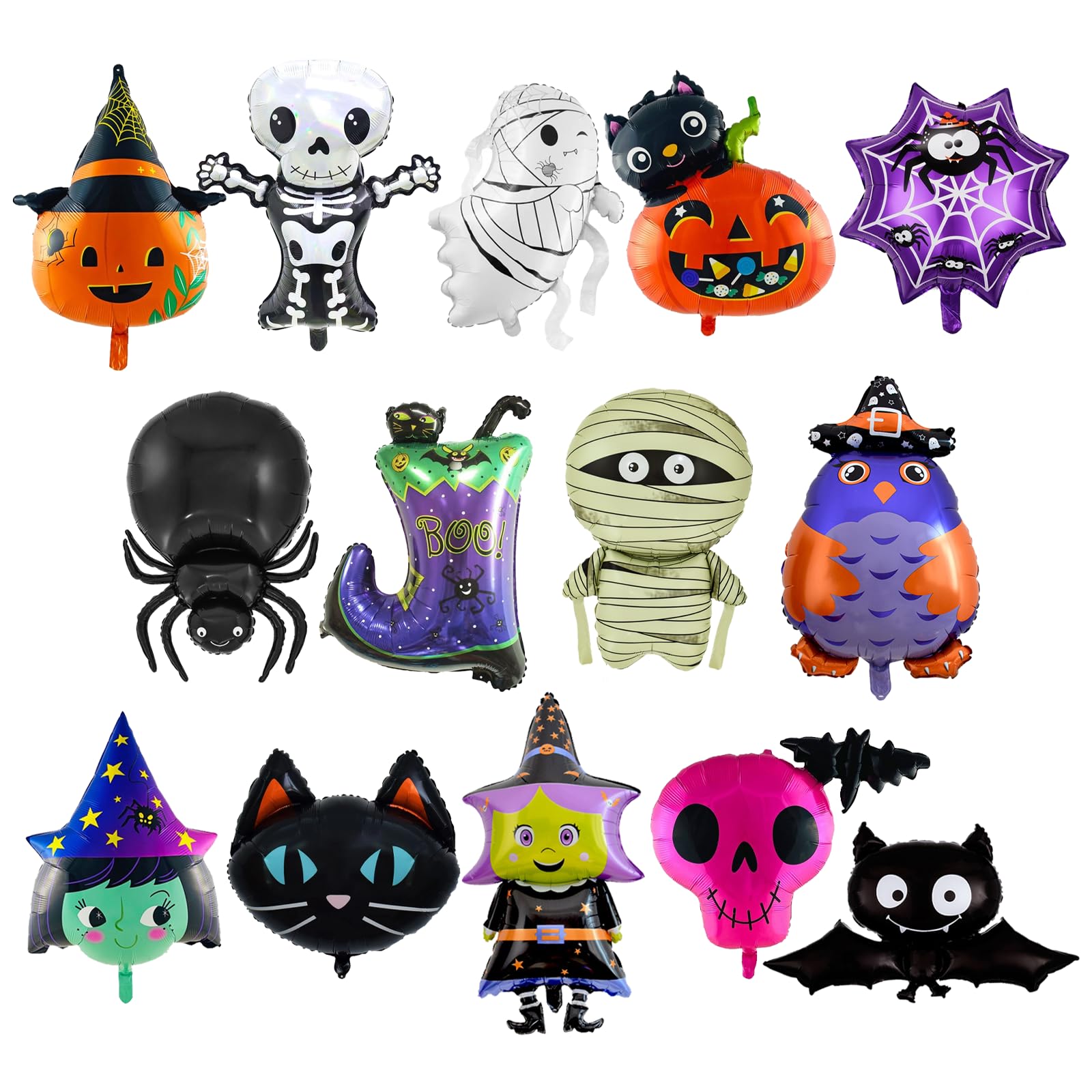 AYNKH 15PCS Oversized Halloween Foil Balloons, Pumpkin, Spider, Bat, Witch, Skeleton, Ghost Halloween Foil Balloons Set, Kids Party Decoration
