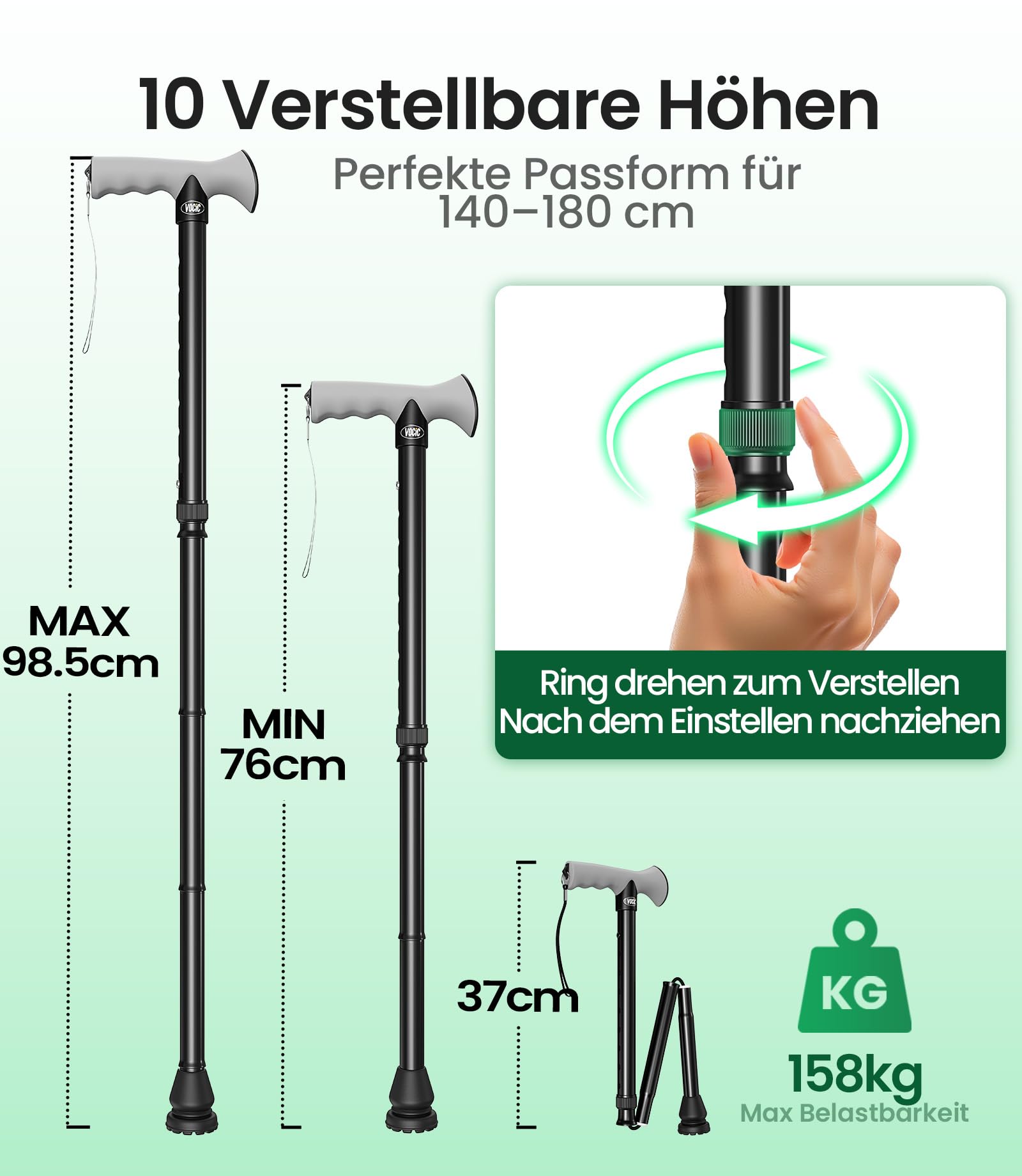 VOCIC G01 Gehstock für Herren und Damen,10-Fach verstellbar,158kg Tragkraft | Spazierstock klappbar mit stoßdämpfender Spitze & praktischer Reisetasche,Gehhilfe für Senioren & Erwachsene, Tiefschwarz