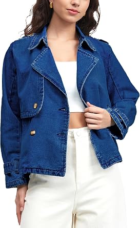 EZAPINE Denim Jacket for Women Lapel Double Breasted Oversized Jean Jacket Fall Casual Trendy Trench Coat with Pockets