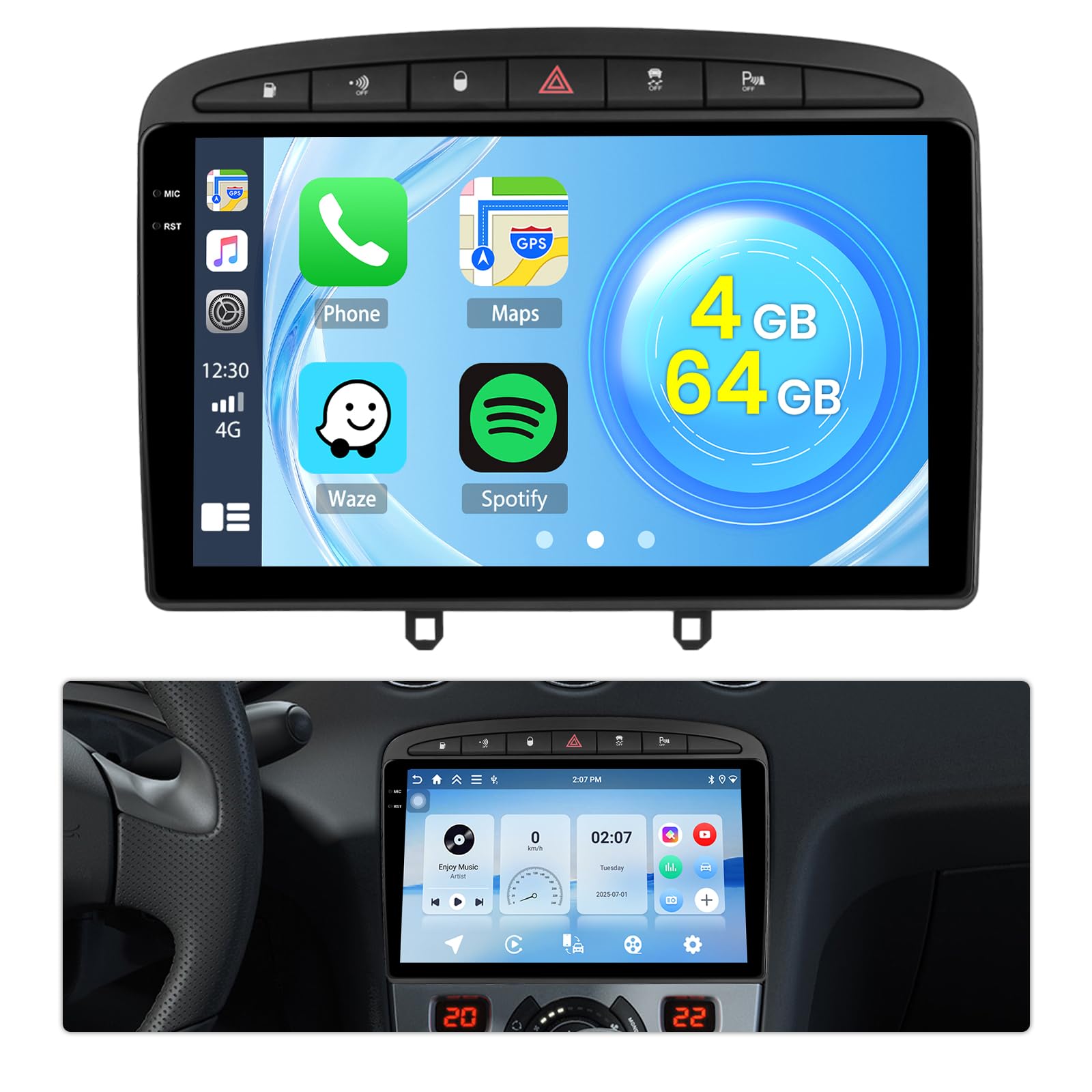 Roinvou Ekran samochodowy 4+64G do Peugeot 308 408 2007-2015 CarPlay Android Auto, 9-calowy ekran dotykowy Incell Android 15 Stereo samochód z GPS Bluetooth EQ WIFI RDS FM SWC kamera cofania