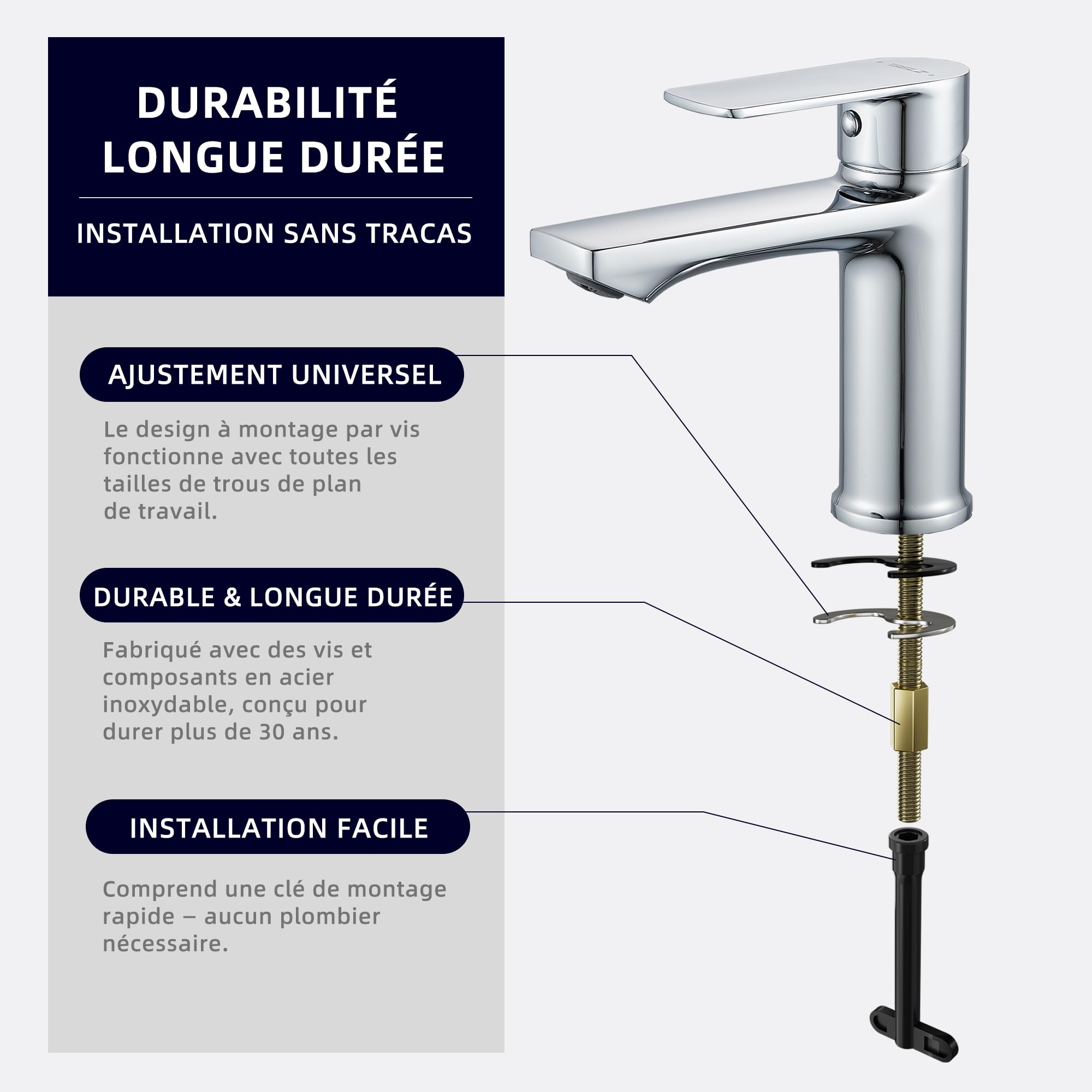 BELZ Mitigeur Lavabo Salle de Bain– Robinet Monocommande, Économie d’Eau et d’Énergie, avec Bec Hauteur 96 mm, Installation Facile, G 3/8 Robinetterie,Chromé