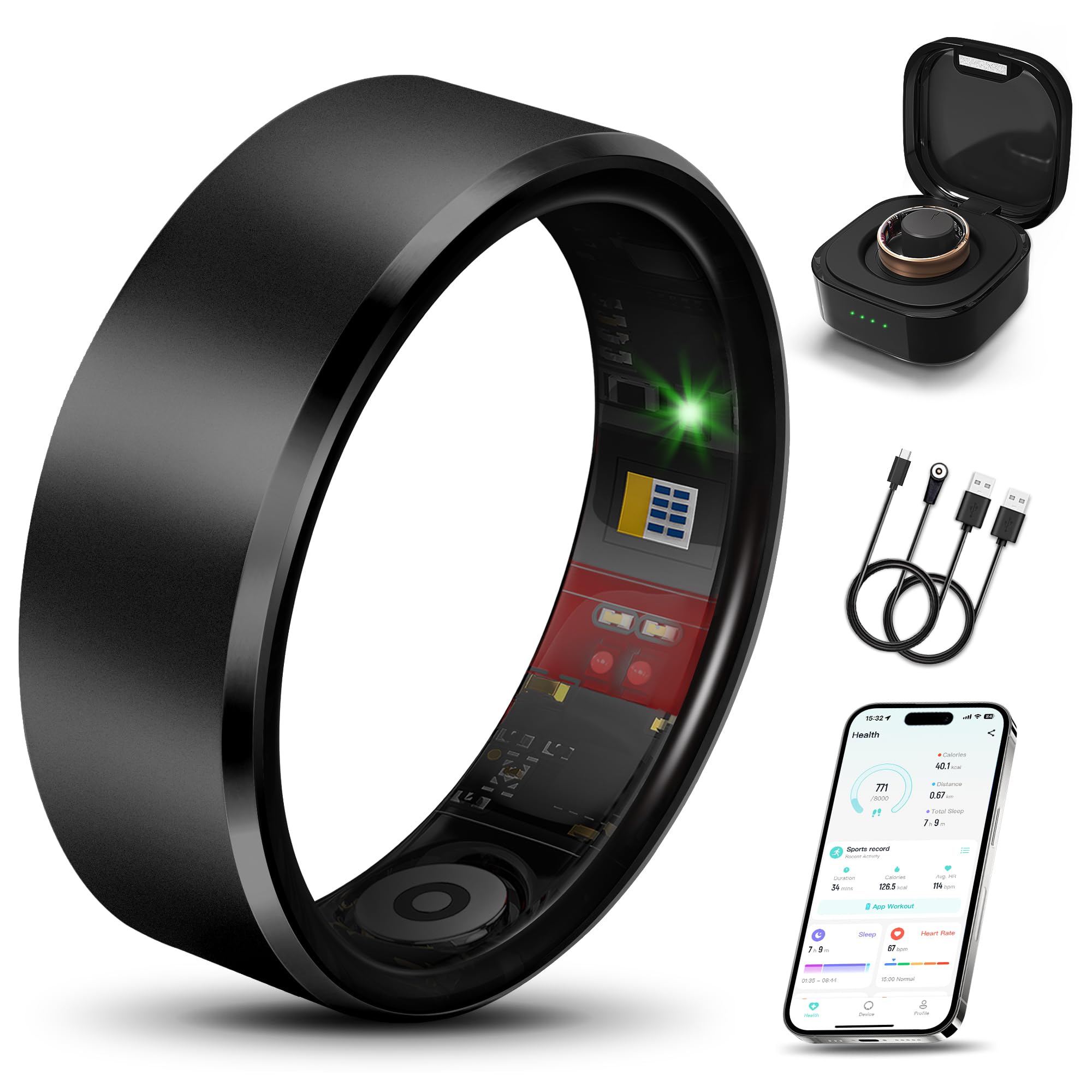 Smart Health Ring 2.0 per donne e uomini, design sottile resistente a graffi e impronte digitali, efficiente chip fitness tracker, monitora cuore, ossigeno nel sangue e pressione, sonno, passi