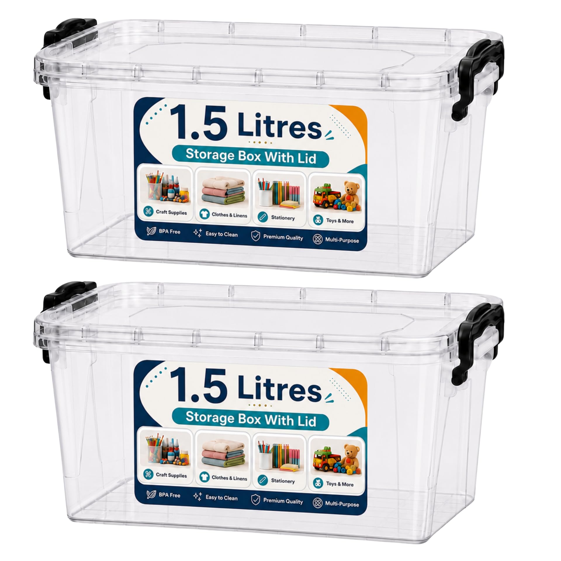 Pack of 2 Plastic containers set with Lids- 1.5 Litre Reusable Storage box & Prep Meal Organizer Fridge, Freezer, Dishwasher & Microwave Safe Kitchen Organizer Boxes (1.5 Litre)