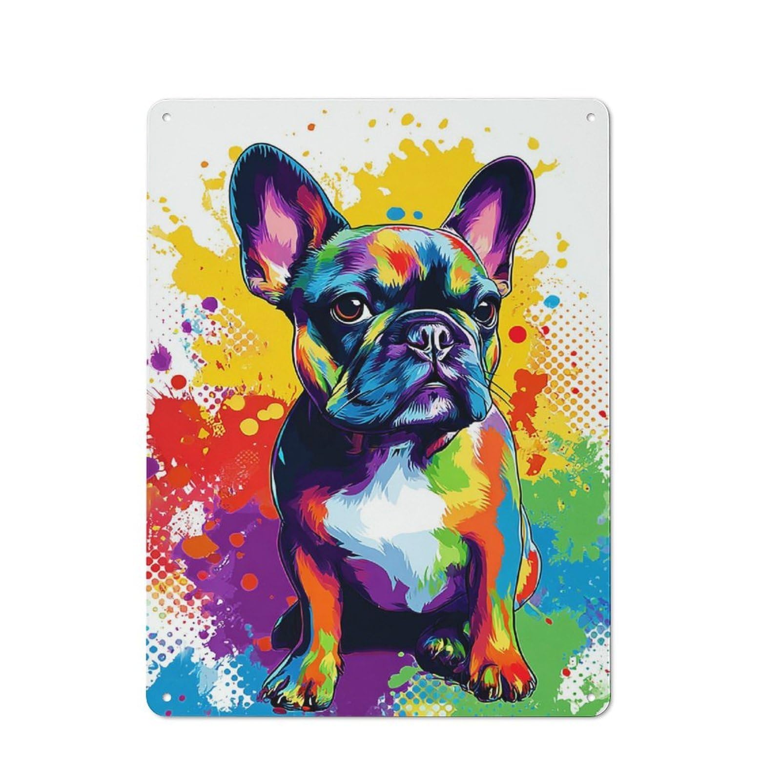 Junmoney Colorful French Bulldog Art Print -4 Warehouse Style Tin Wall Sign 40X30cm Featuring Loft Wall Plaque For Loft, Studio, Office Or Creative Room