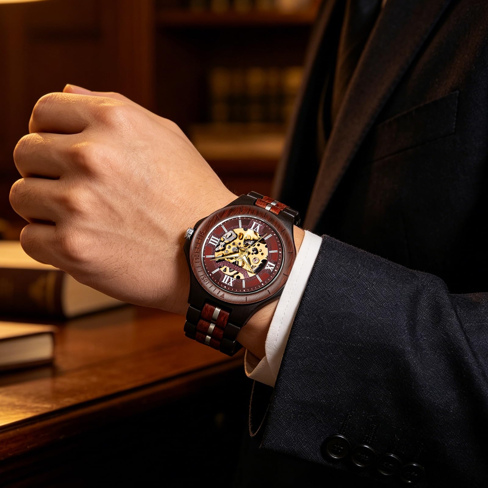 Tiong Orologio meccanico da uomo, in legno, di lusso, automatico, leggero, con cinturino in legno, con confezione regalo (W51108-rosso nero)