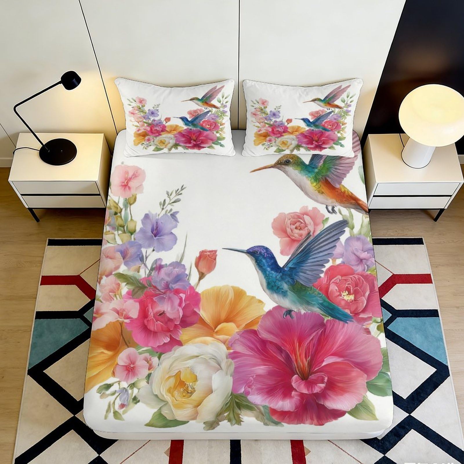 3D Printed Floral Hummingbird Fitted Sheet Microfiber Soft Breathable Botanical Bed Cover for Bedroom Guest Room Decor 90x200x25cm