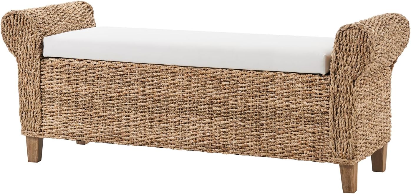 HULALA HOME Rattan Storage Bench, Rattan Upholstered End of Bed Bench with Roll Arm & Solid Wood Legs, Natural