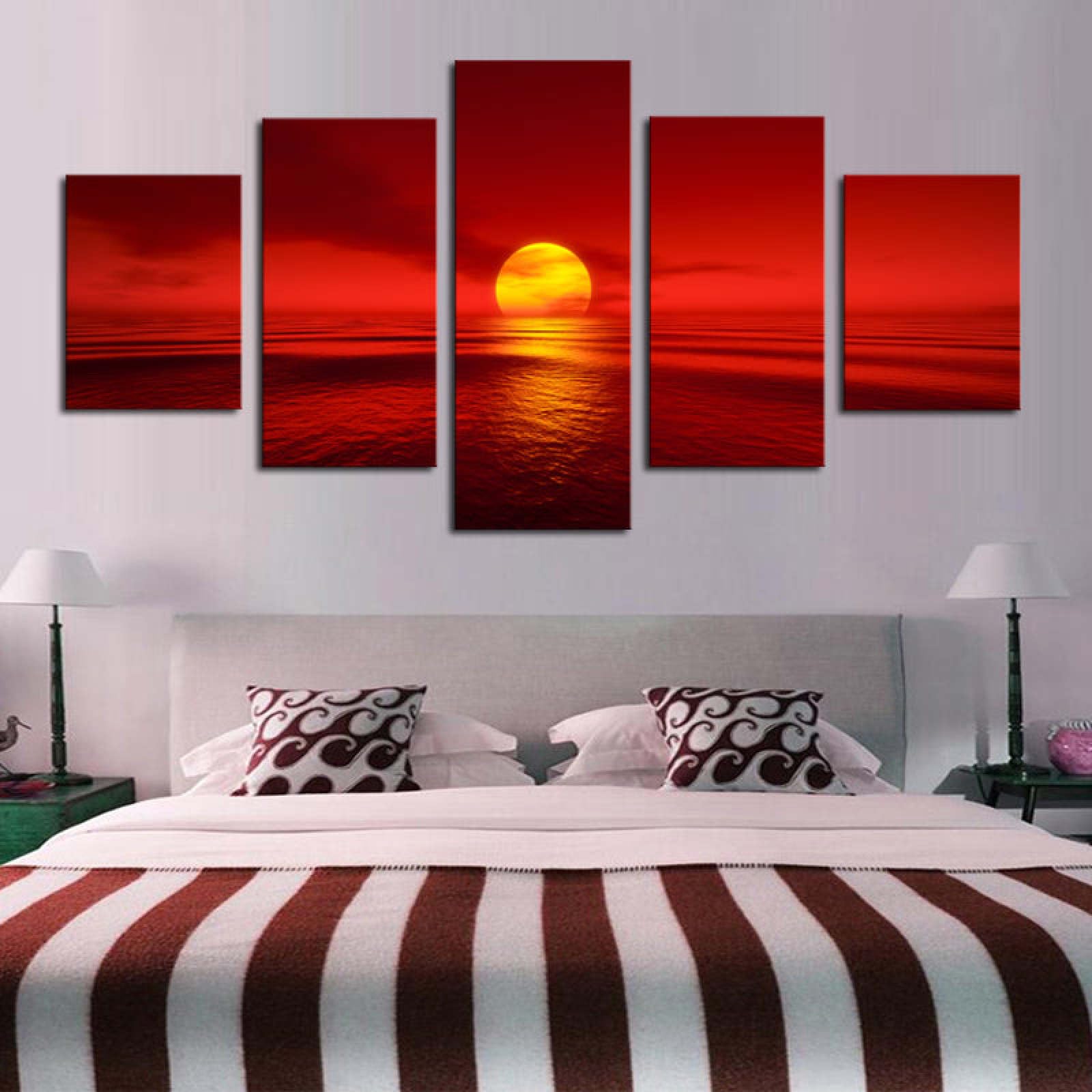 ZQSYFEWET Quadro su Tela Stampe da Parete 5 Pezzi Tramonto Sole Rosso Alba Oceano Mare Stampa su Tela Canvas Immagine di Decorazione Murale per Soggiorno Camera da Letto150x80cm