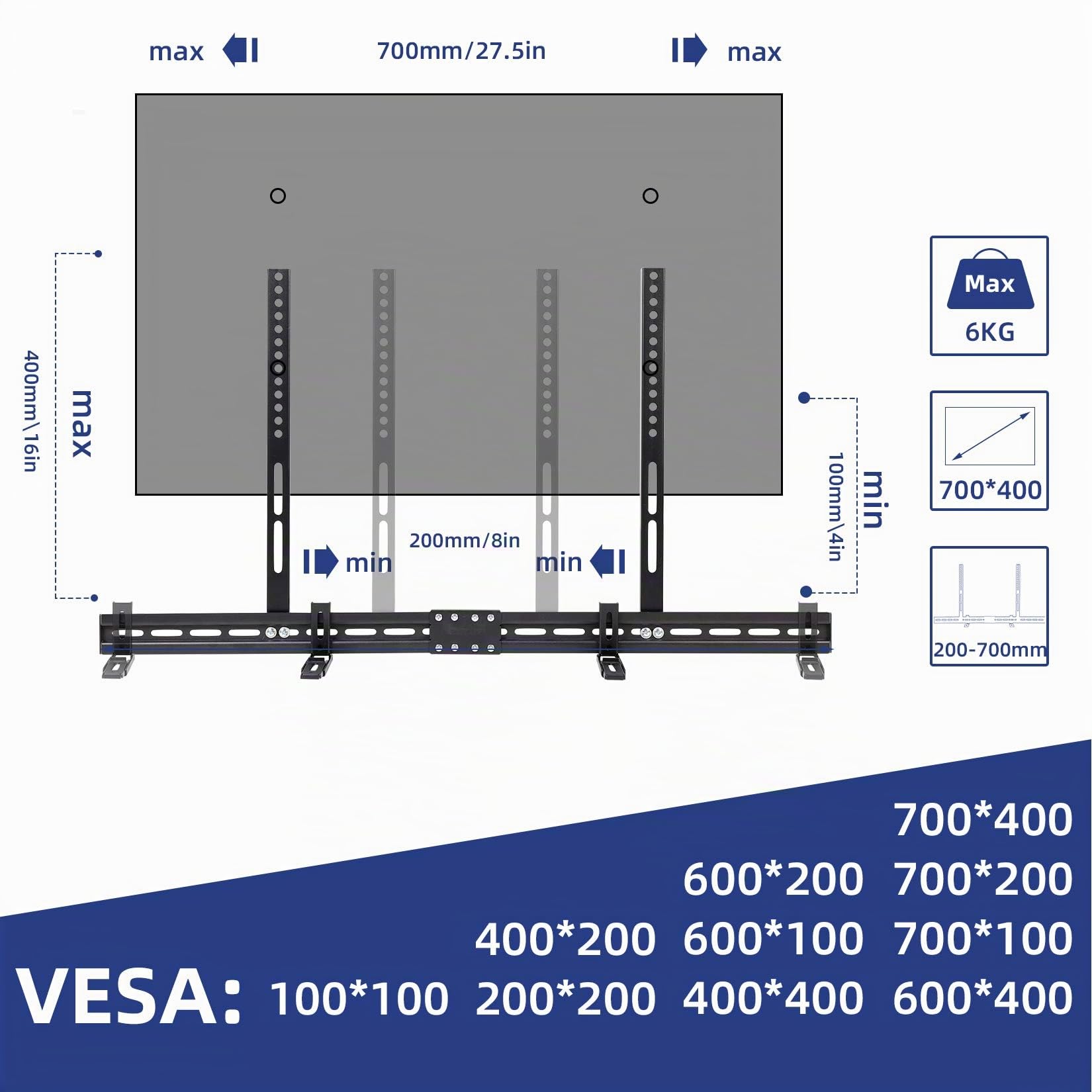 support Barre de Son mural pour TV, Convient pour supports VESA 100x100-400x700mm, Charge max 6kg, Compatible LG Sony