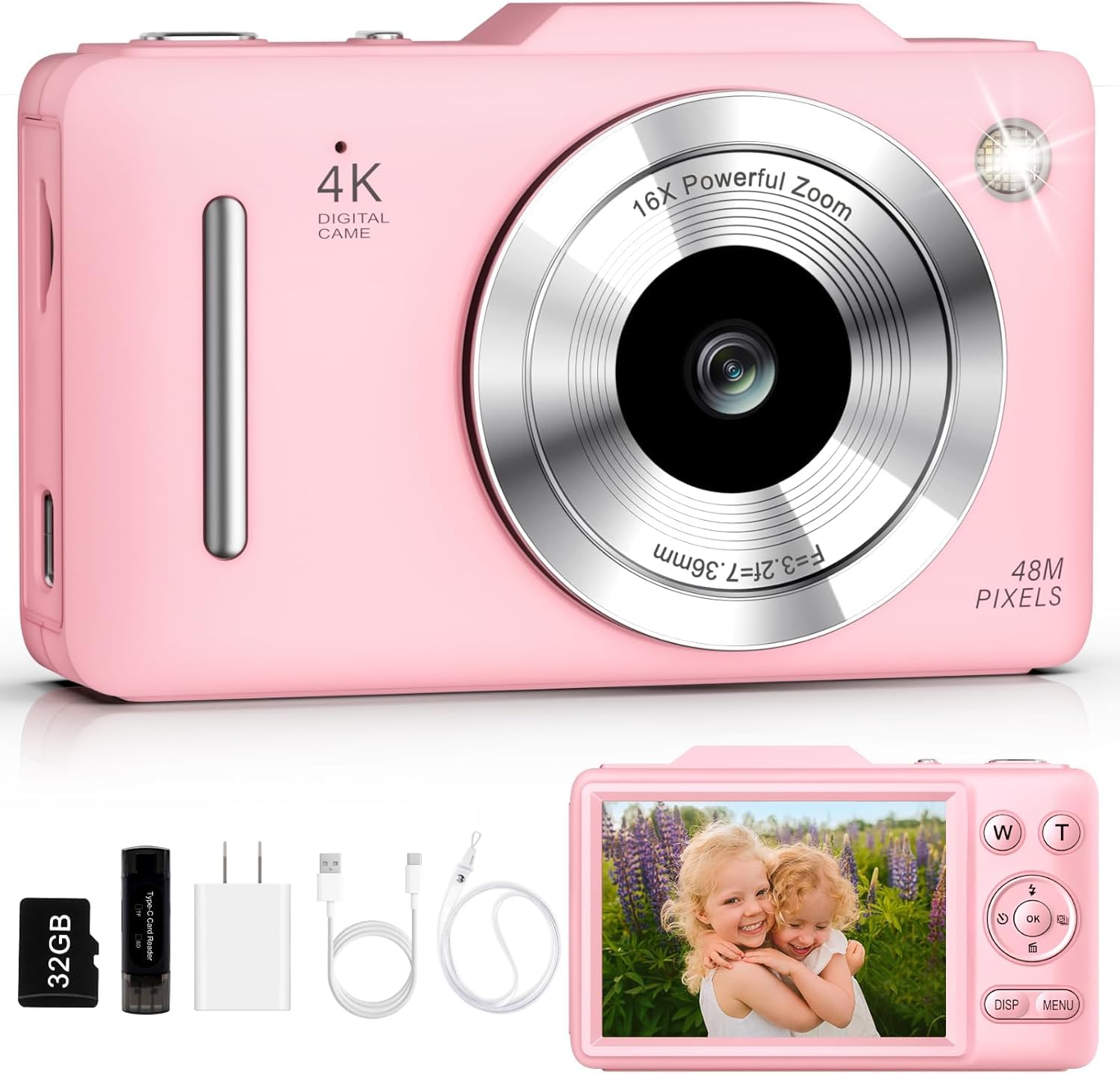 아동용 디지털 카메라 4K - 48MP 자동 초점 블로깅 카메라, 32GB 카드, 16배 줌, 흔들림 방지, 십대 초보자를 위한 컴팩트 포인트 및 촬영 카메라, 생일 선물 핑크