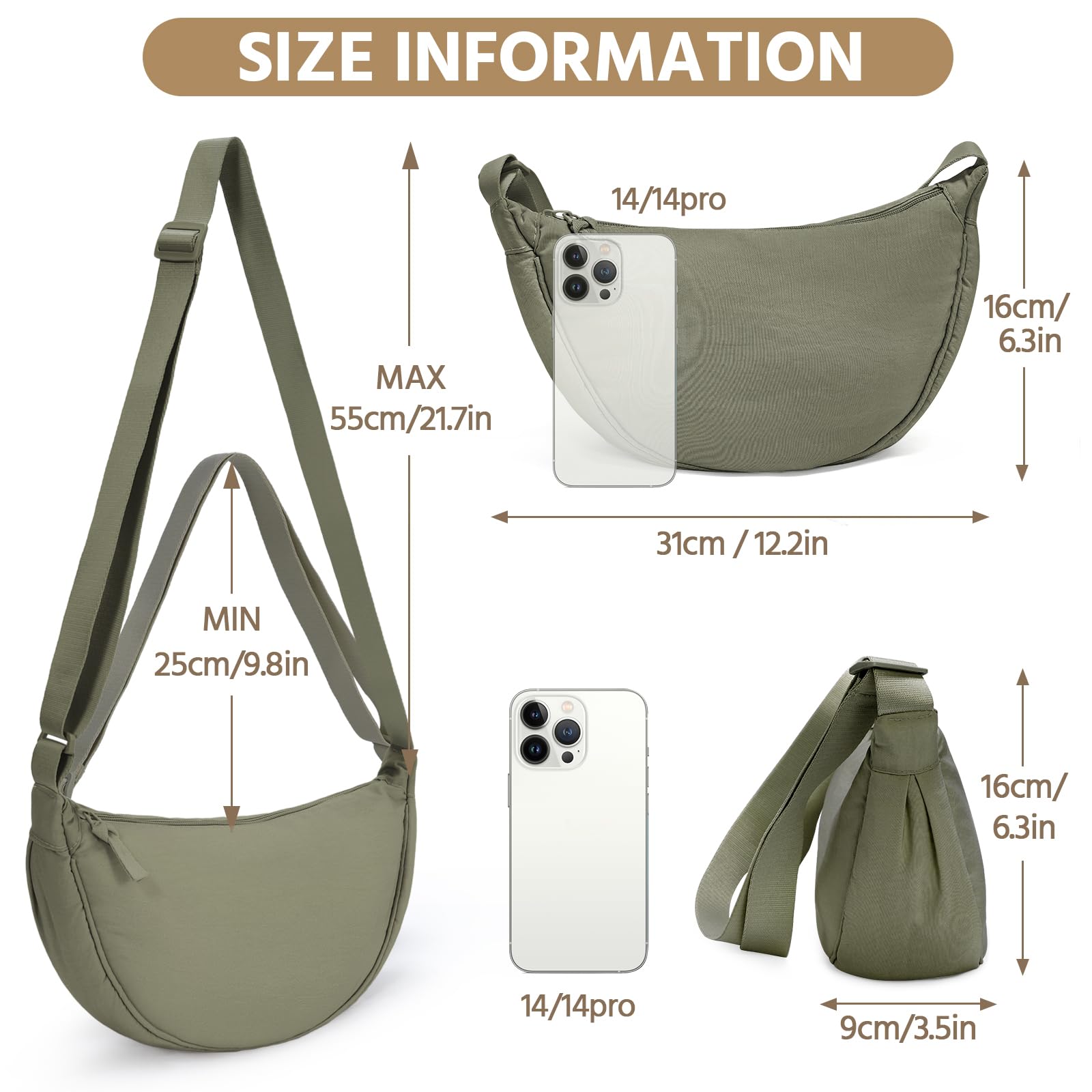 Yuson Girl Borsa a Tracolla da Donna a Mezza Luna Halfmoon Borse a Spalla con Tracolla Regolabile Tinta unita Hobo Bag in Nylon Crossbody Bag per Shopping Viaggio Festa Lavoro