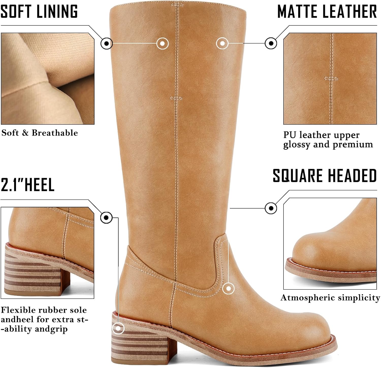 UBWDU Women's Knee High Boots Chunky Block Heel Long Boots Square Toe Low Heel Boots for Women