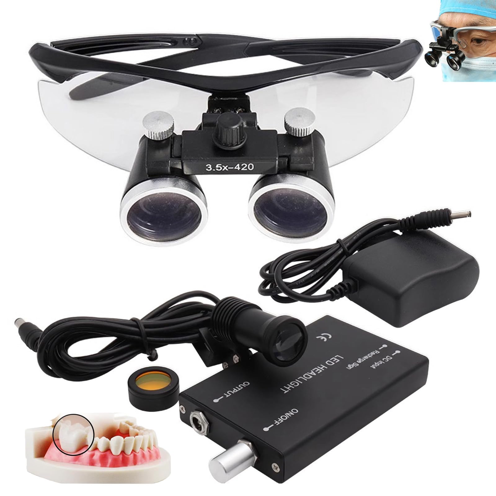 Lenti D'Ingrandimento Dentali 2,5X / 3,5X, Lenti D'Ingrandimento Binoculari Chirurgiche + Luce Frontale A Led Da 5W, Portatili Ultraleggere, Attrezzatura Da Laboratorio Per Dentista,Black-3.5X