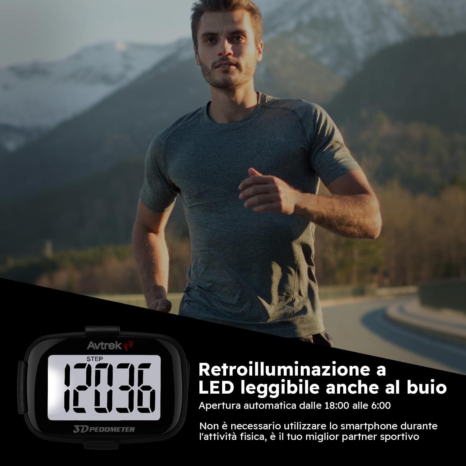 Avtrek Pedometro con contapassi, con funzione di conteggio dei passi, display retroilluminato e visualizzazione dell'ora