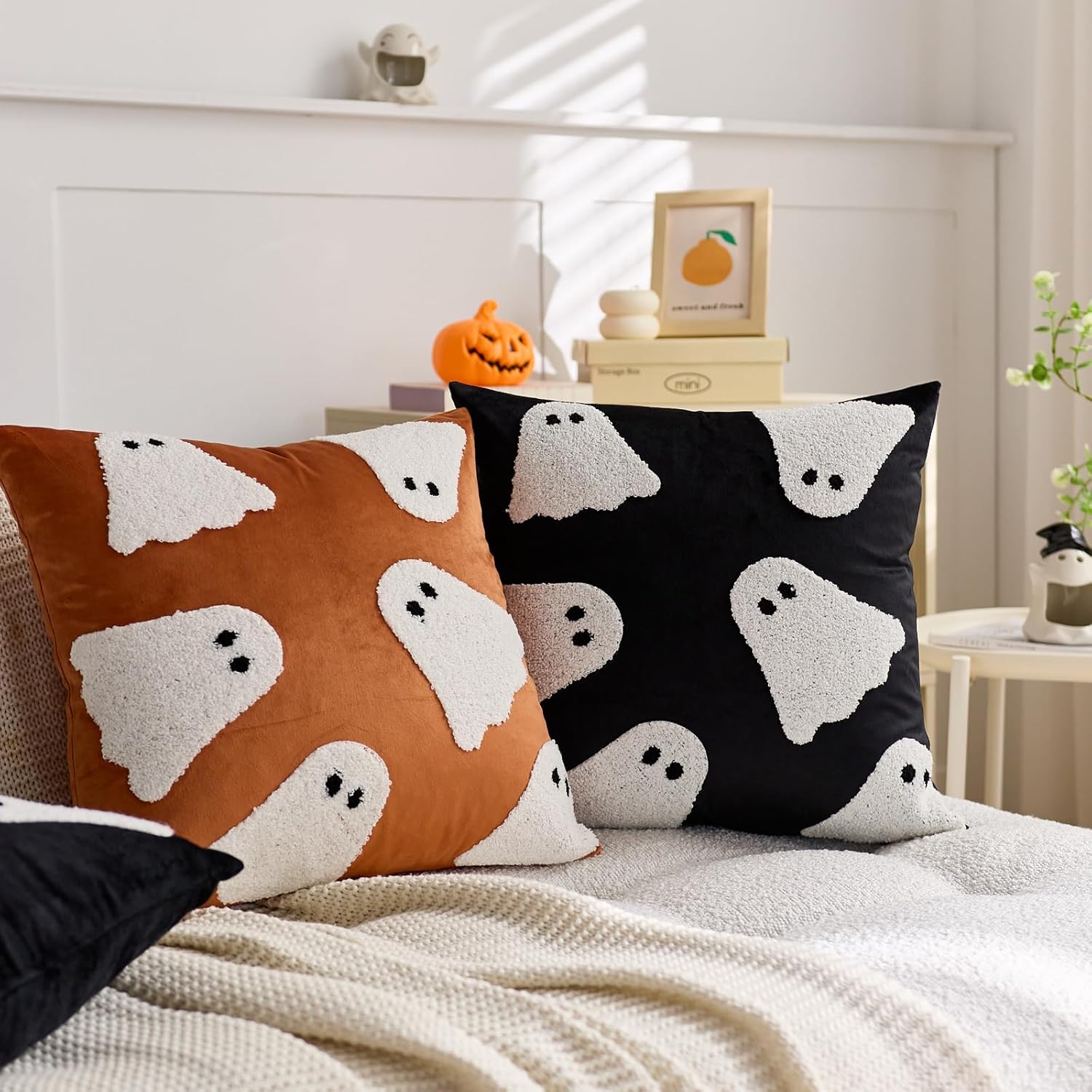 Halloween Pillow Covers 20x20 Inch Set of 2 Embroidery Ghost Throw Pillow Covers Indoor Outdoor Decorative Cushion Cases for Sofa Couch Bed Living Room Halloween Decoration Black