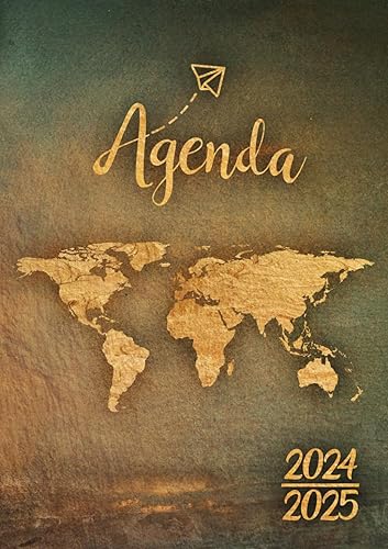Agenda Scolaire 2024-2025: Carte du Monde Dorée | Journalier (une page par jour) | 12x17 cm | 300 pages | Couverture souple en or | sept 2024 – juil 2025 | Collège et Lycée | Voyage &amp; aventure